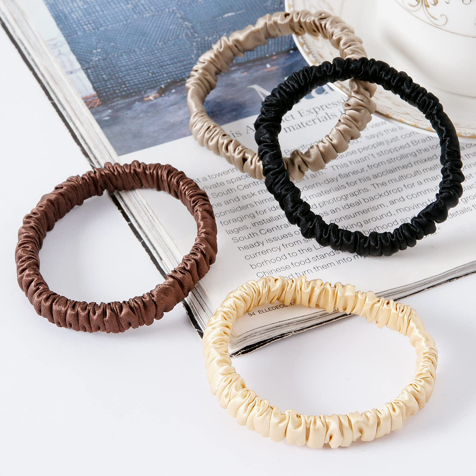 Sobonny 4 Set 100% Pure Mulberry Silk Hair-Friendly + Luxurious Elastic Skinny Scrunchies Travel Pouch Everyday Hair Ties Elasti