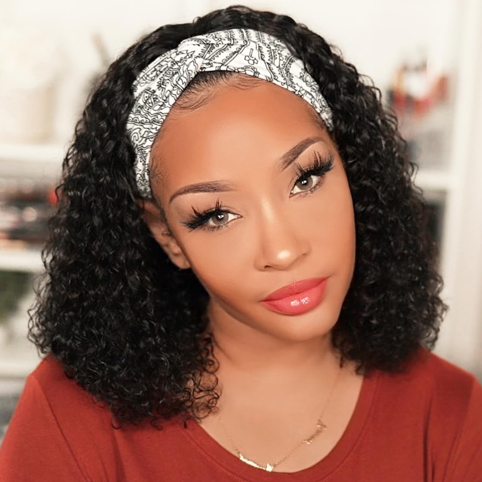 AISI QUEENS Headband Wig Human Hair For Black Women Curly Wigs Glueless Human Hair Short Curly Headband Wigs (14 Inch, Curly Hea