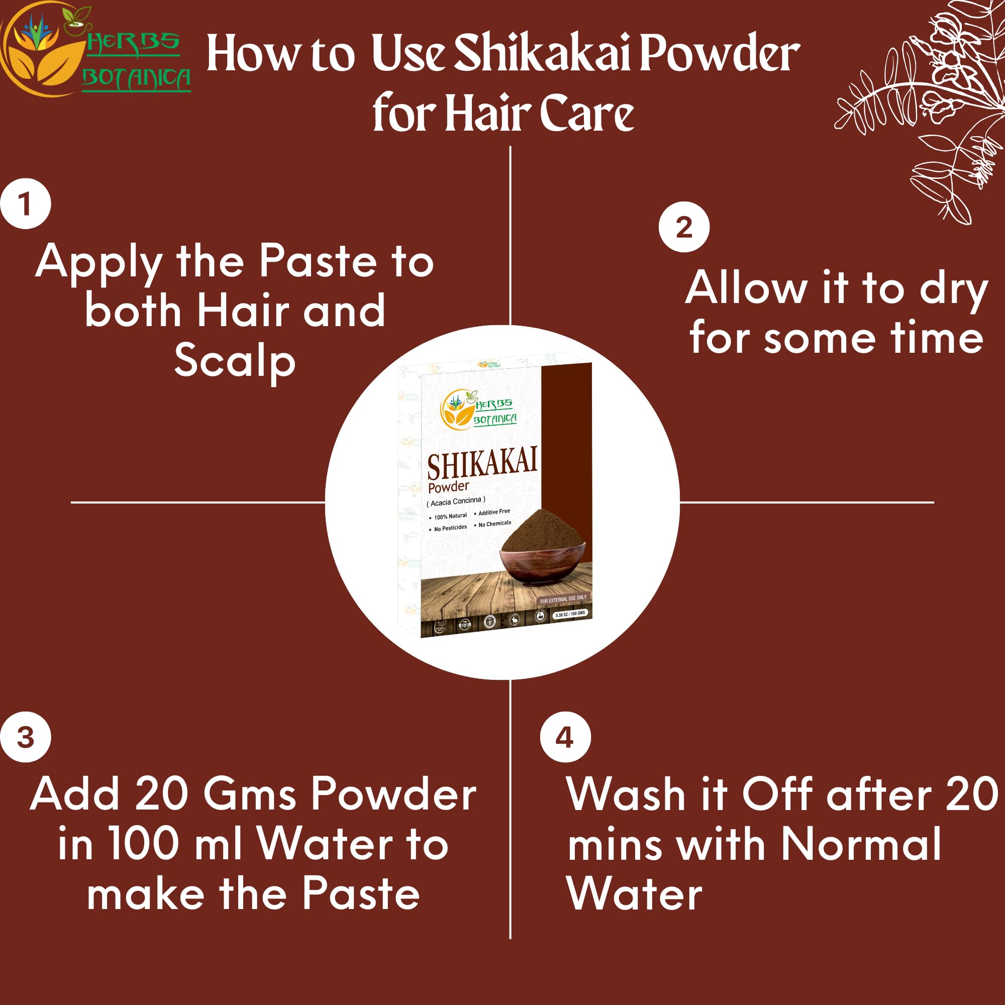 Herbs Botanica Shikakai Powder Pure Acacia Concinna Fruit Pods Powder For Hair, Shiny, Tangled Hair Cleanser & Conditioner Vegan