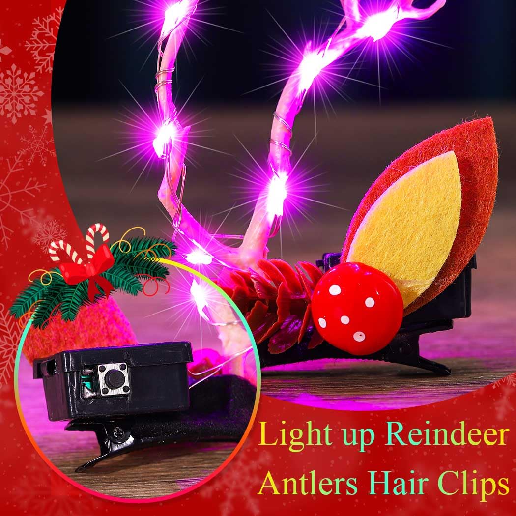 Bartosi Light Up Christmas Hair Clips Reindeer Antlers Xmas Hairpins Hair Accessories For Women And Girls (Pack Of 2)