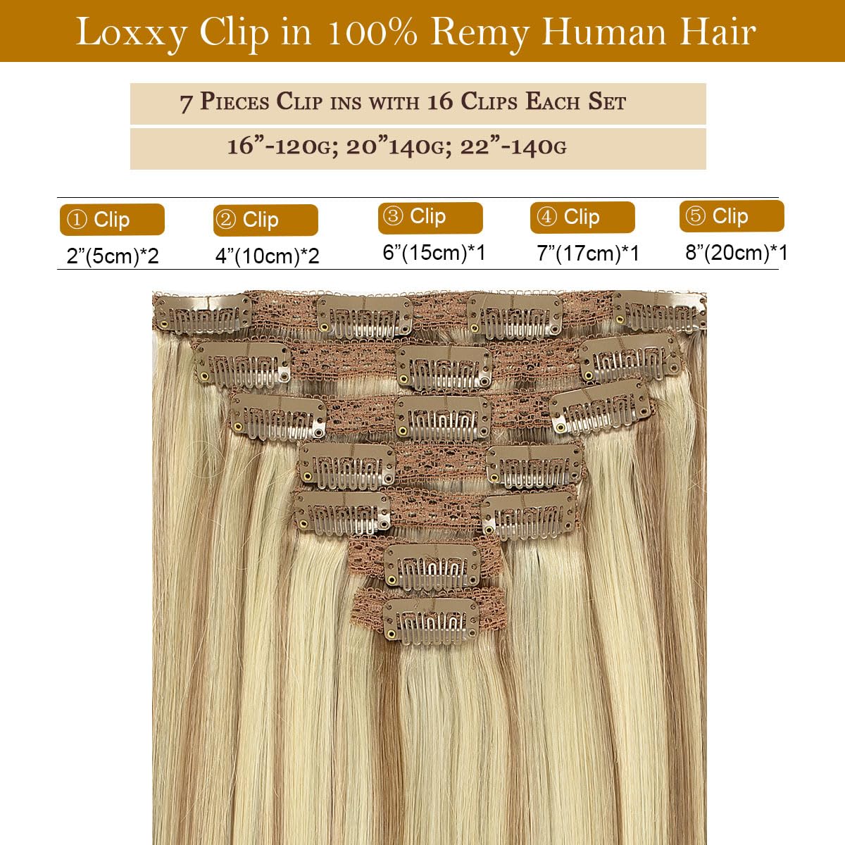 Loxxy 20 Inch Seamless Clip In Hair Extensions Light Brown Highlighted Platinum Blonde Straight Lace Double Weft 100% Remy Hair