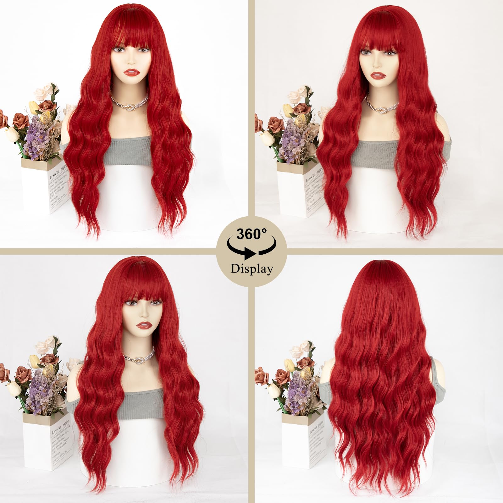 Entranced Styles Red Wig With Bangs Red Wigs For Women Synthetic Heat Resistant Fiber Wig Womens Wavy Wigs Long Curly Wig For Da