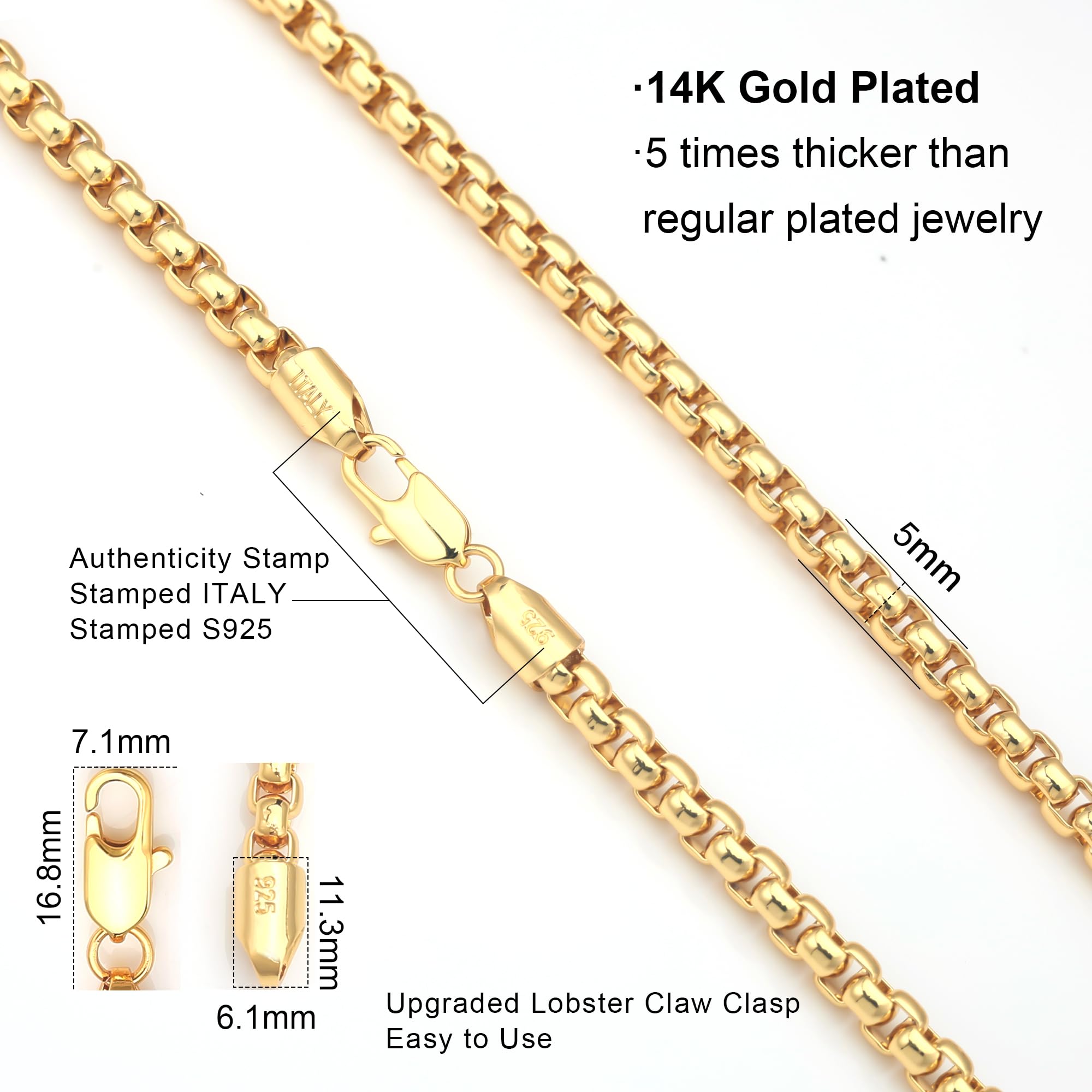 Waitsoul 925 Sterling Silver Box Chain Lobster Clasp 5mm Gold Chain for Women Men Gold Necklace Chain 16-30 Inches (16)