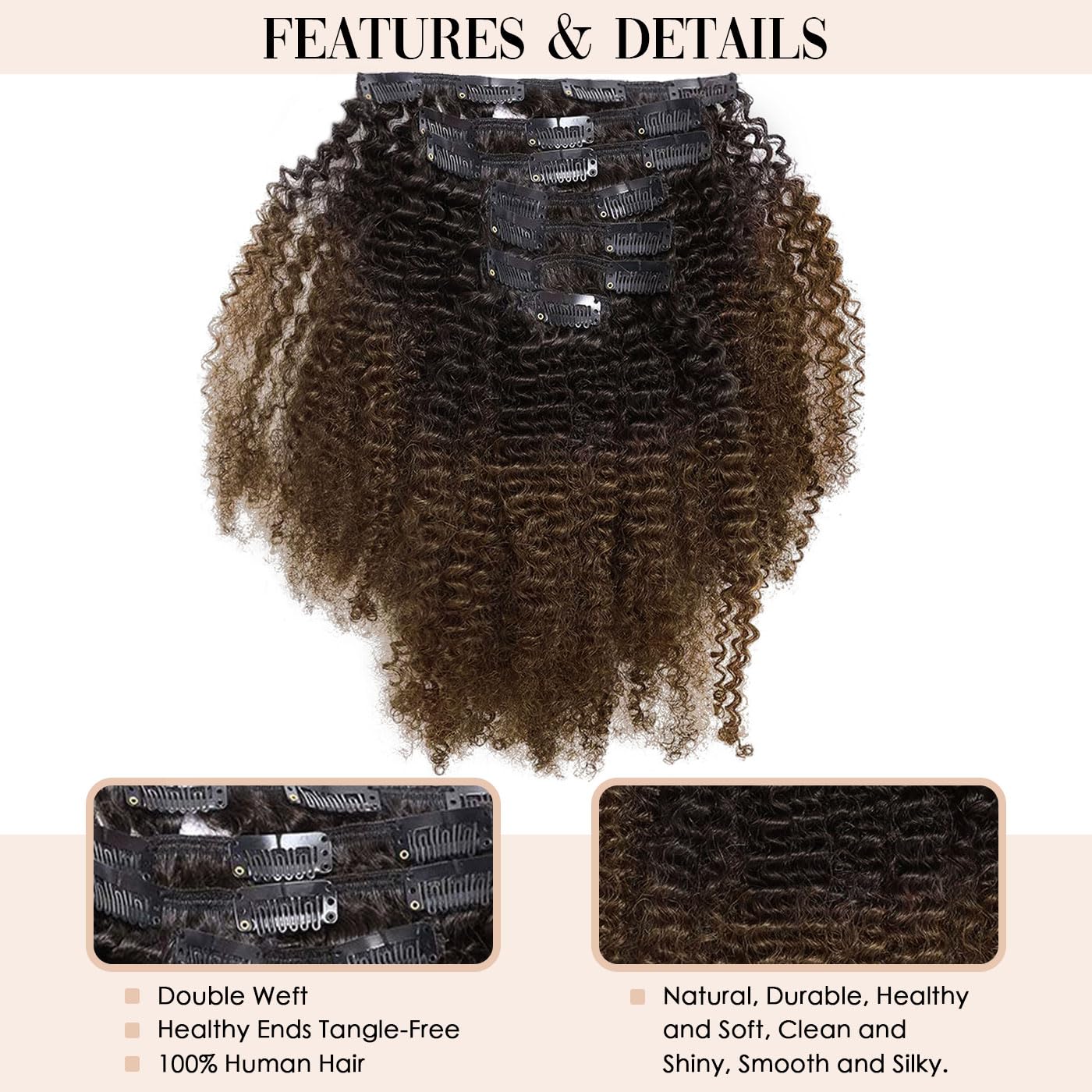 African American Afro Kinky Curly Clip Ins Hair Extensions Double Weft Top Grade Brazilian Virgin Hair, Two Tone Ombre Brown 120