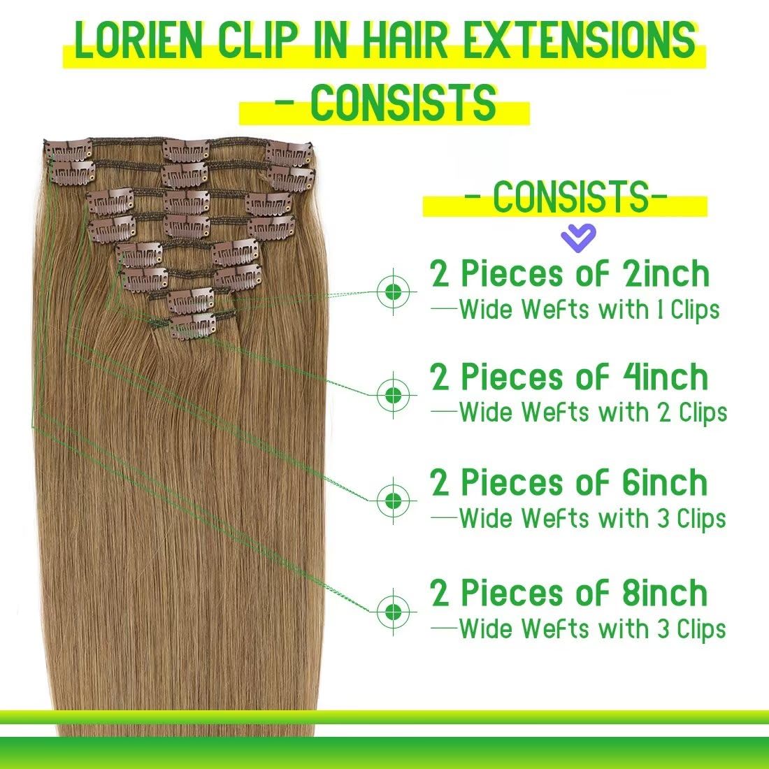 Lorien Clip In Hair Extensions Real Human Hair, 16 Inch 90G, 6 Medium Brown, Clip In 100% Brazilian Remy Human Hair Extensions 8