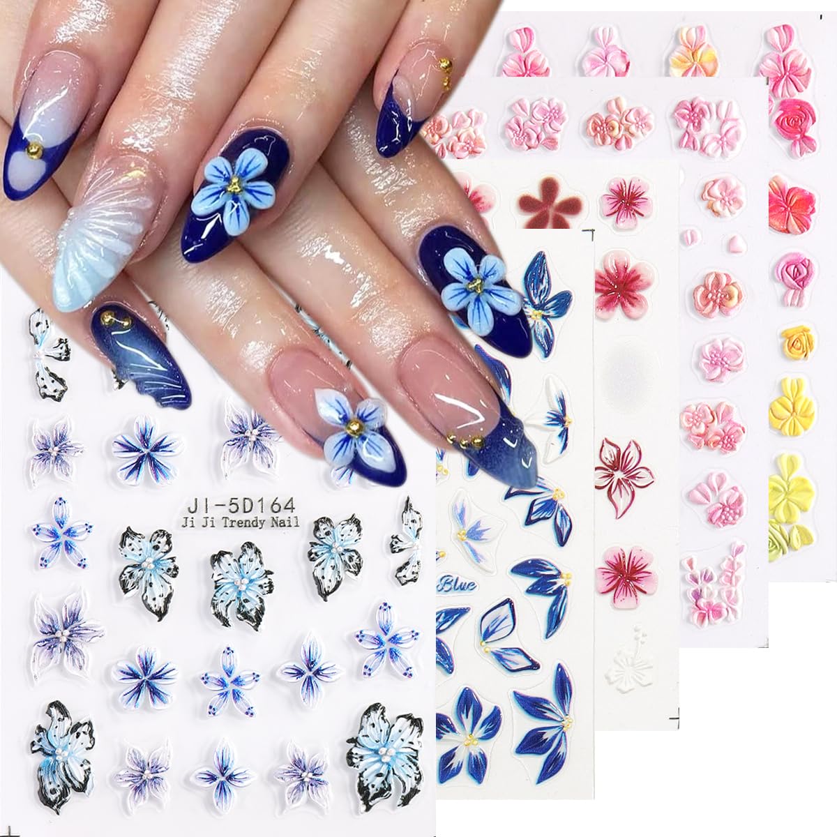 Fcozpjk Blue Flowers Stickers for Nails 5D Embossed Flower Nail Stickers Lily Hibiscus Cherry Blossom Rose Floral Nail Decals Se