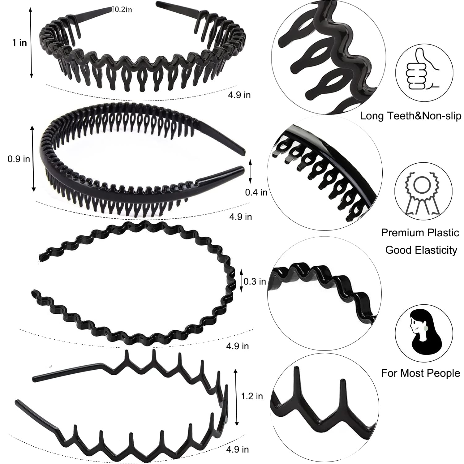 Ultimute 8 Pcs Fashion No Slip Effortless Plastic Headbands With Teeth Comb Black Skinny Headbands Hair Bands For Women Men Teen