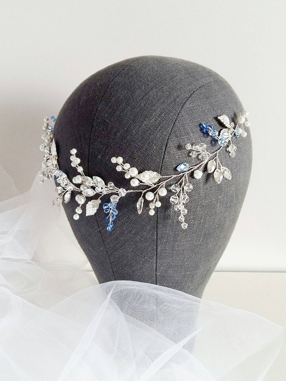 FXmimior Bridal Wedding Headband Woodland Flower Crown Hair Accessories Silver Blue