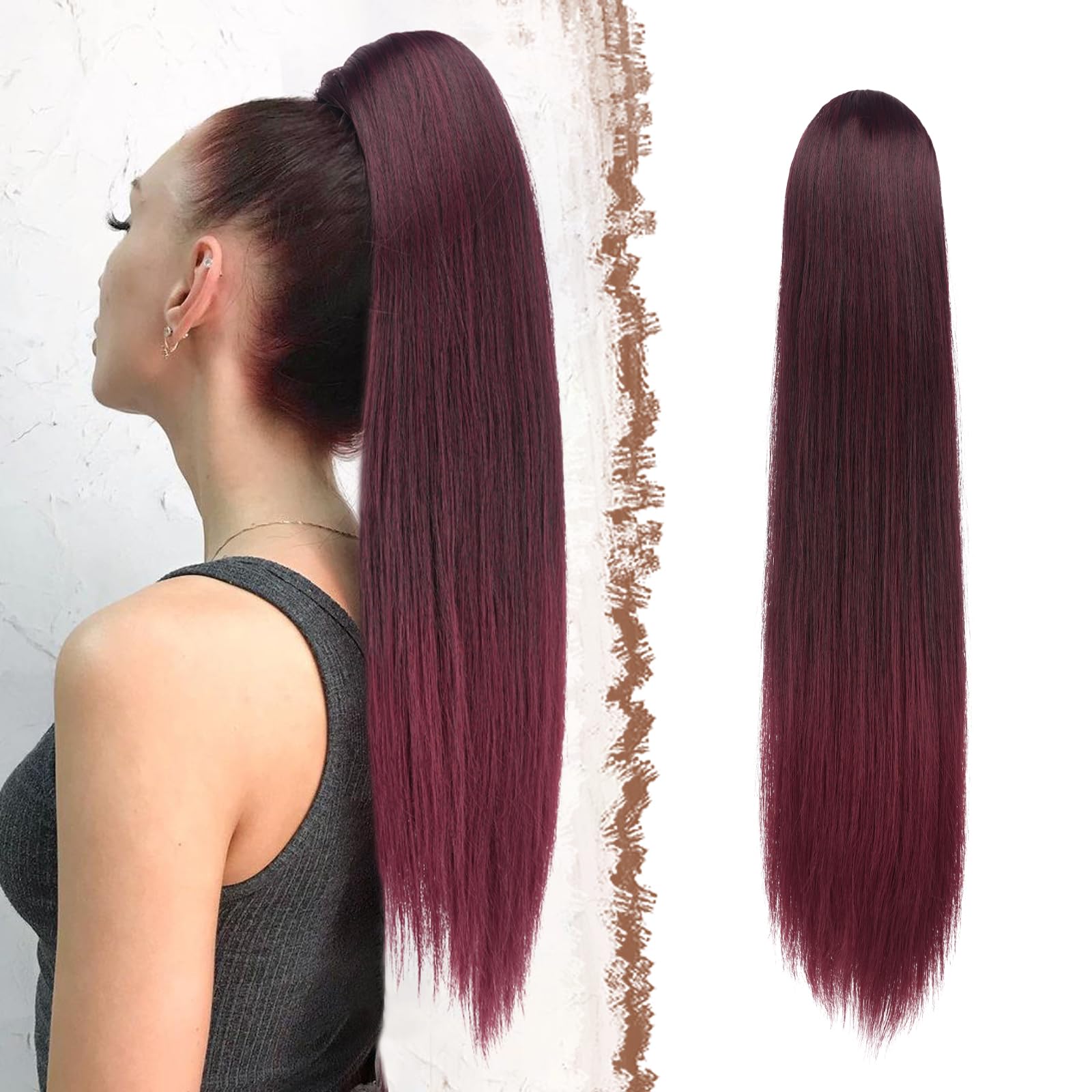 FESHFEN Straight Ponytail Extensions Long Drawstring Pony Tails Natural Synthetic Hairpiece Clip in Ponytails Hairpieces for Wom