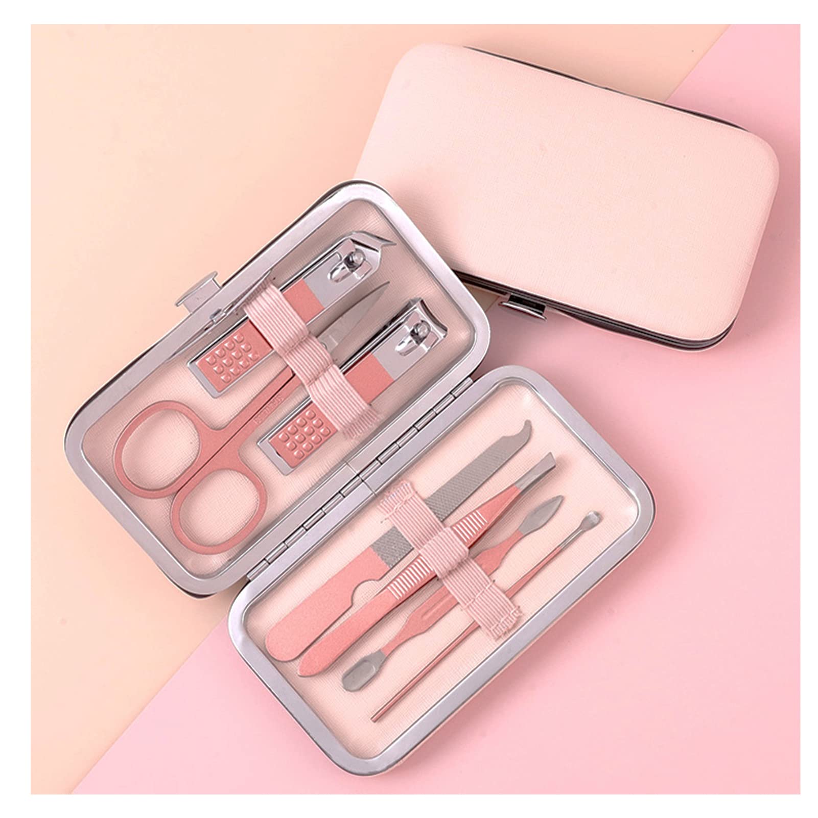 Pink Manicure Set Beauty Tool Portable - Nail Clipper Pedicure Grooming Kit Stainless Steel 7 in 1 Luxury Leather Travel Case, f