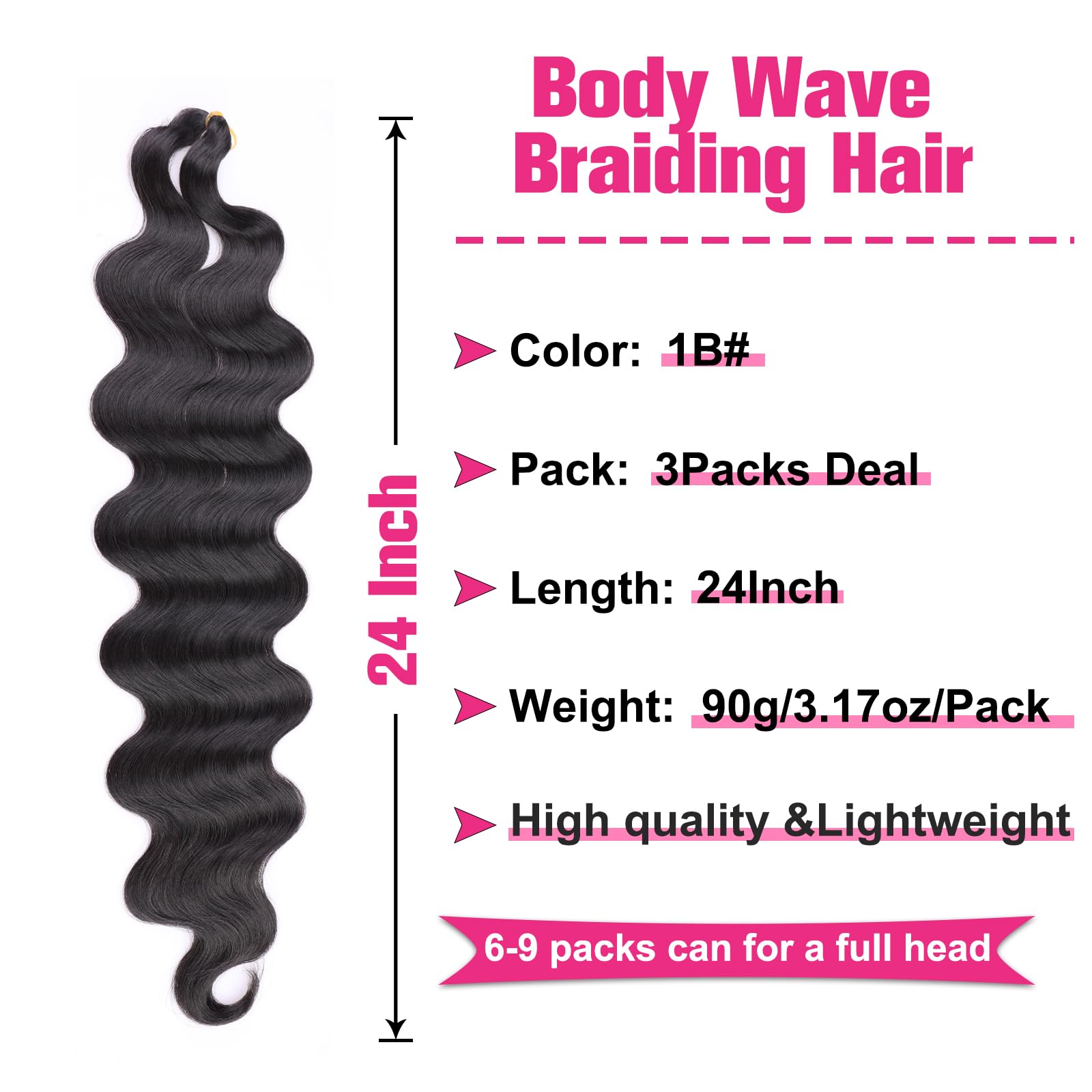 Unionbeauty 24 Inch 3 Pack Body Wave Braiding Hair Black Pre-Feathered Braiding Hair French Curl Crochet Braids Body Wave Croche