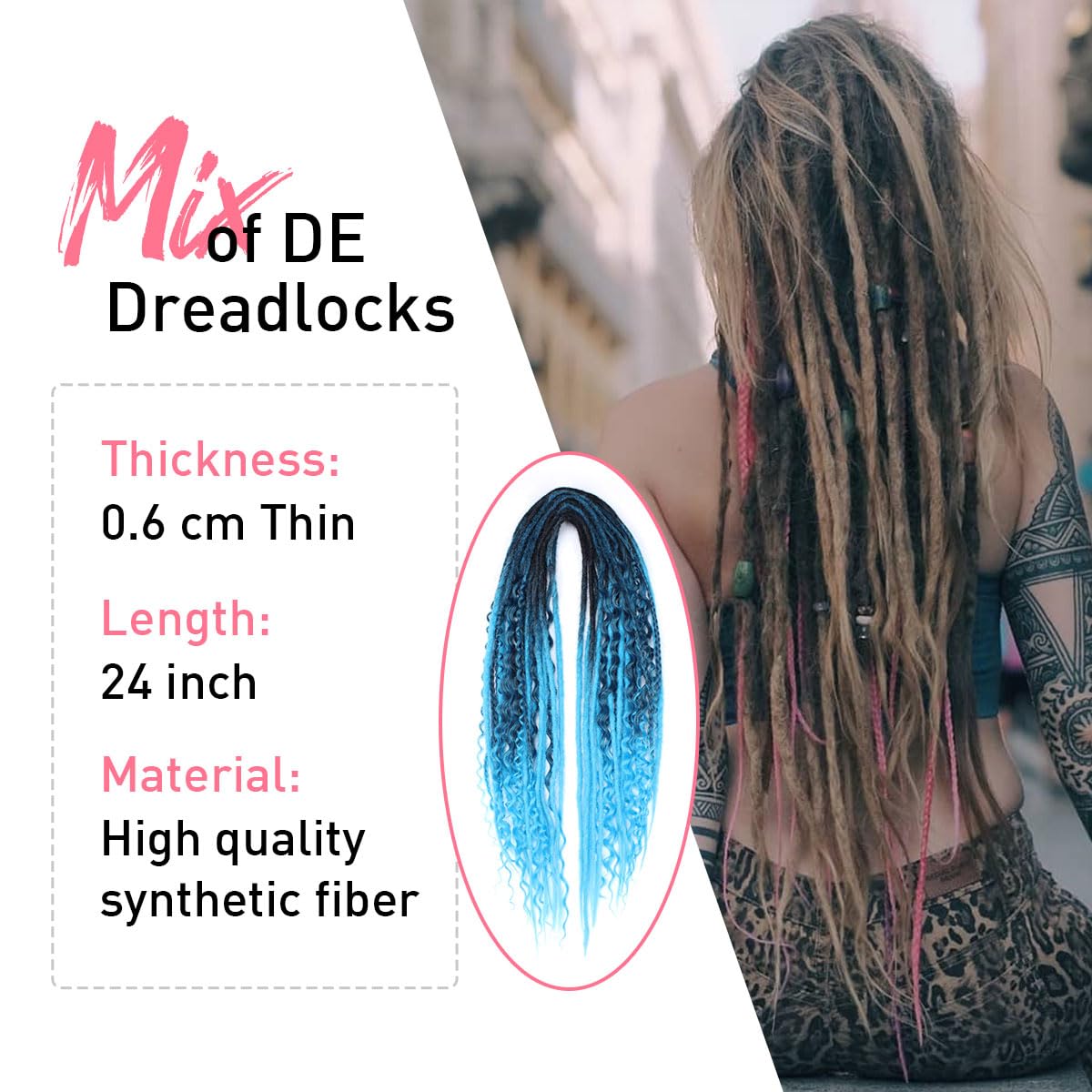 Kraler 24 Inch Mixed De Dreadlock Extensions Sets, 3 In 1 20 Strands Synthetic Double Ended Dreads Extensions, Ombre Blue Hippie