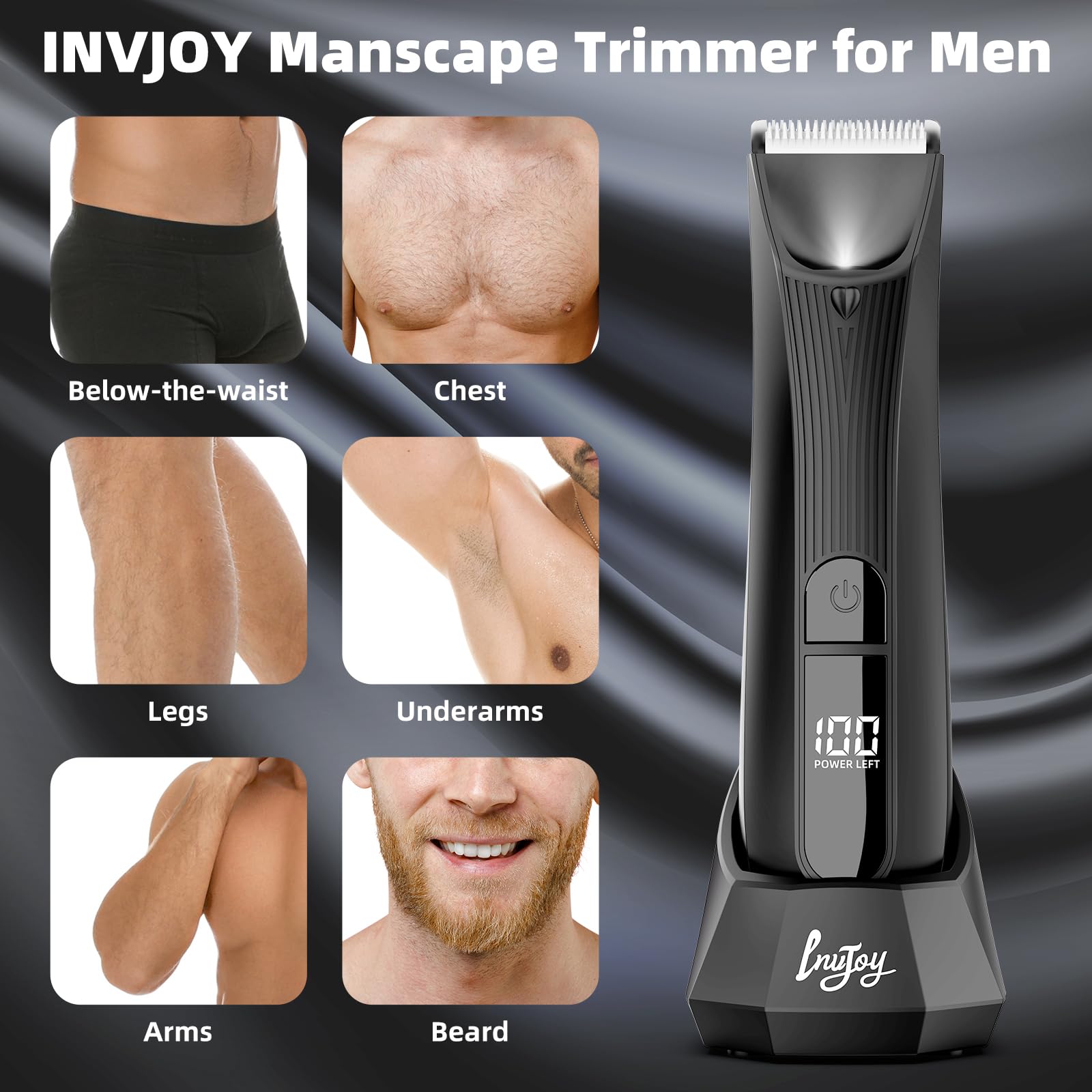 Invjoy Manscape, Body & Pubic Hair Trimmer For Men W/Light - No Nick, No Cut, Ball Trimmer Men - No Razor Burn Groin, Body Groom