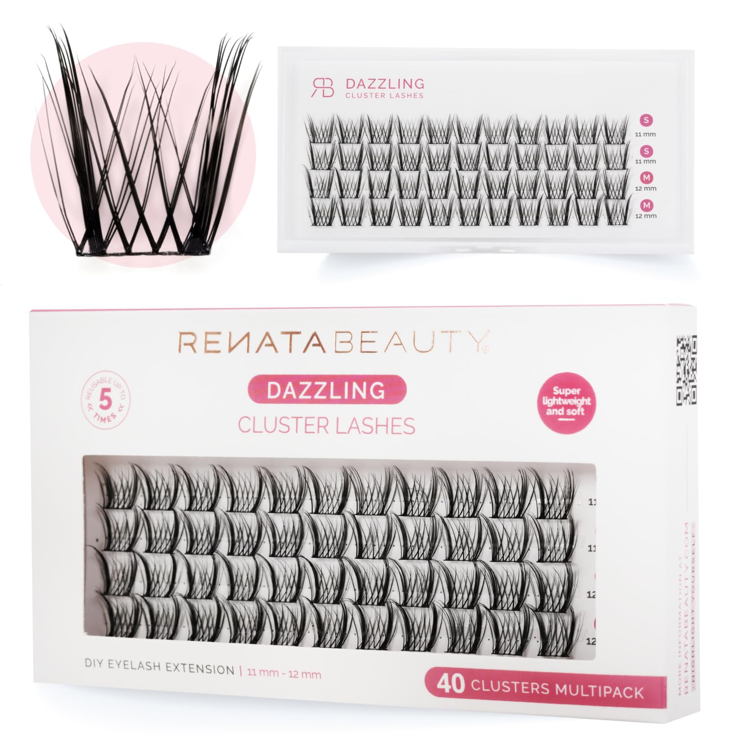 Renata Beauty Dazzling Cluster Lashes - 40 pcs Multipack, 11mm and 12mm Lengths, C Curl, High Impact Glamour, Reusable, Easy App