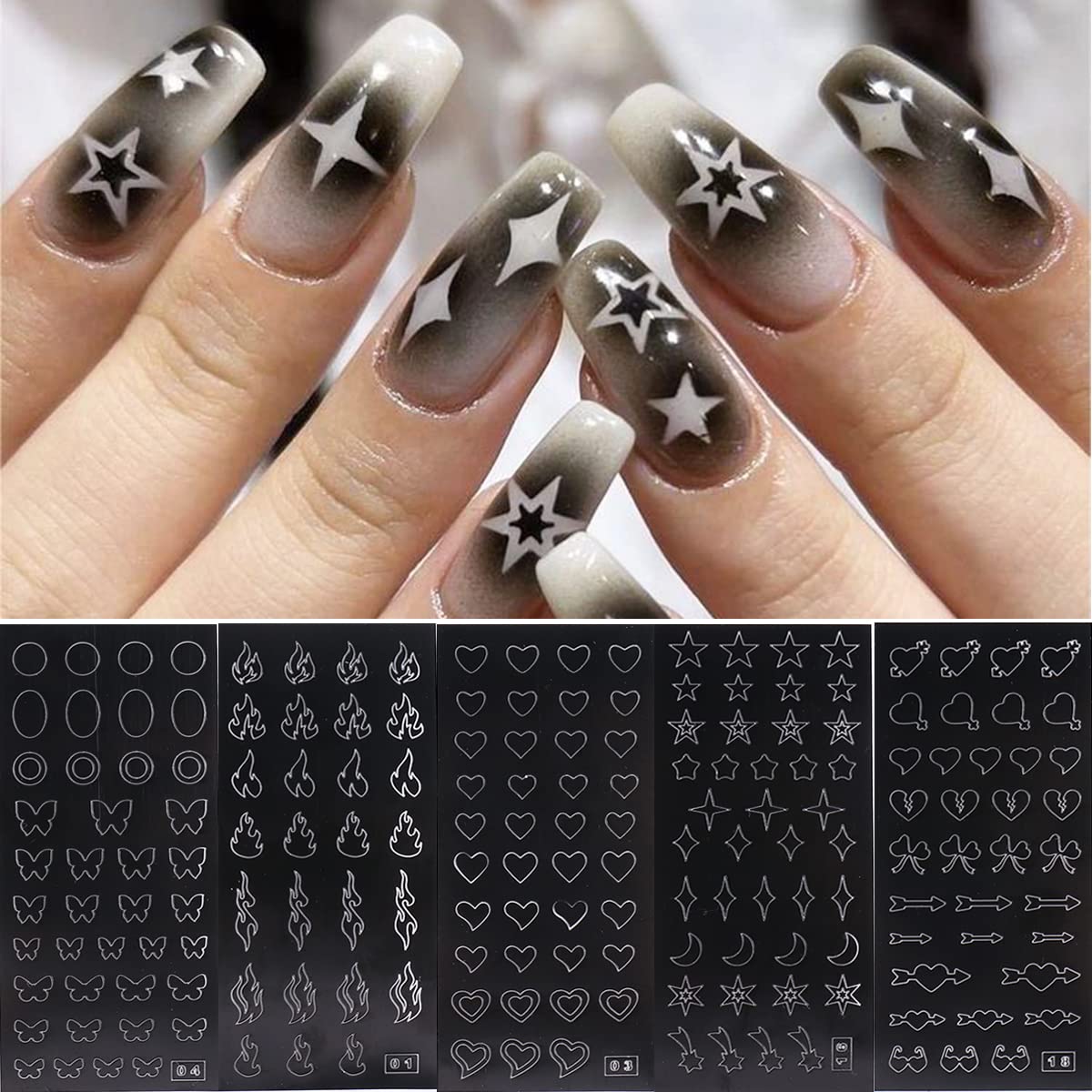 Airbrush Stencil for Nails 10 Sheets Heart Nail Charms Butterfly Bear Stars Hollow Nail Sticker Airbrush Templates French Manicu