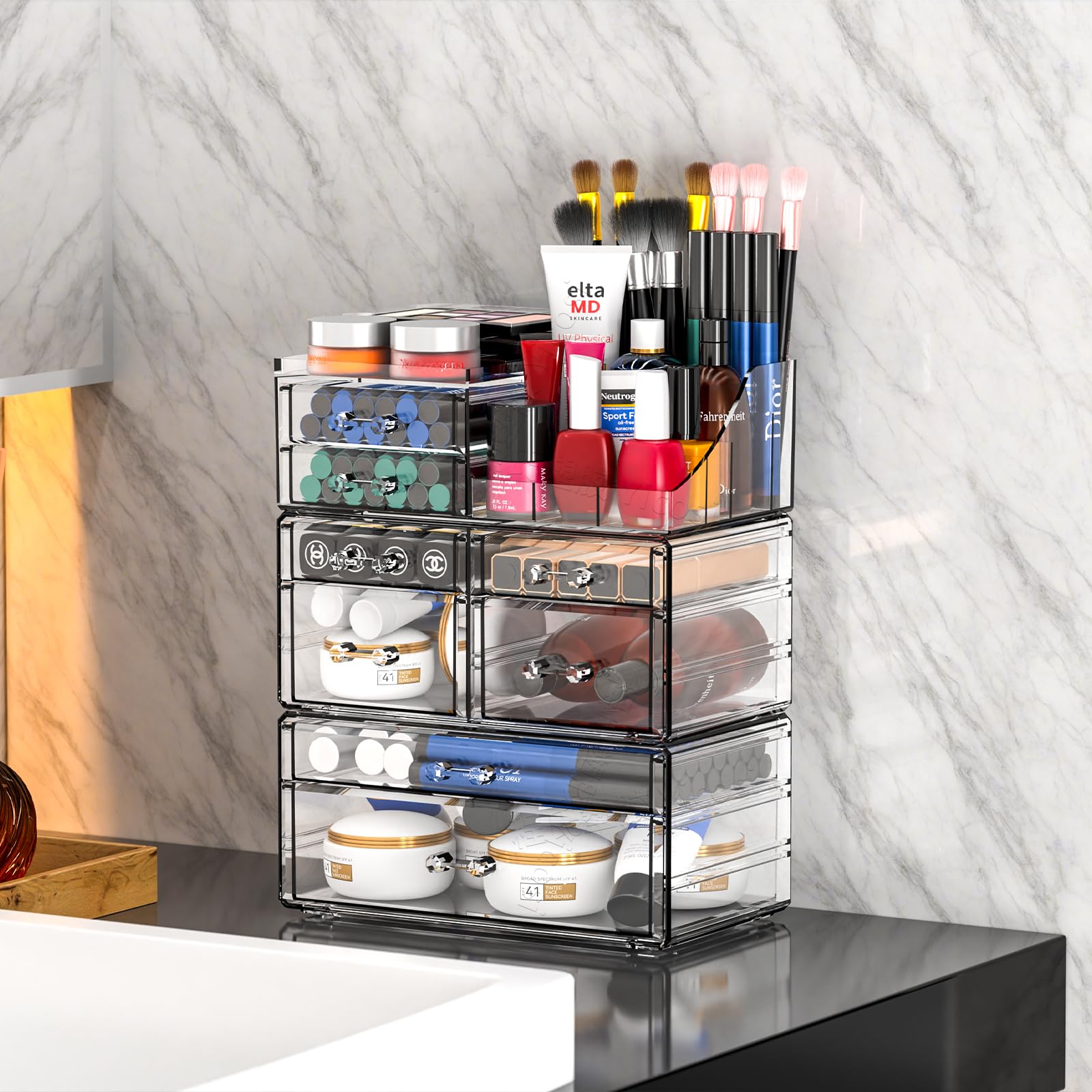 Cq acrylic 3 Pack Clear Make Up Organizers for Vanity With 8 Drawers,Stackable Skincare Organizer and Cosmetic Storage Organizer