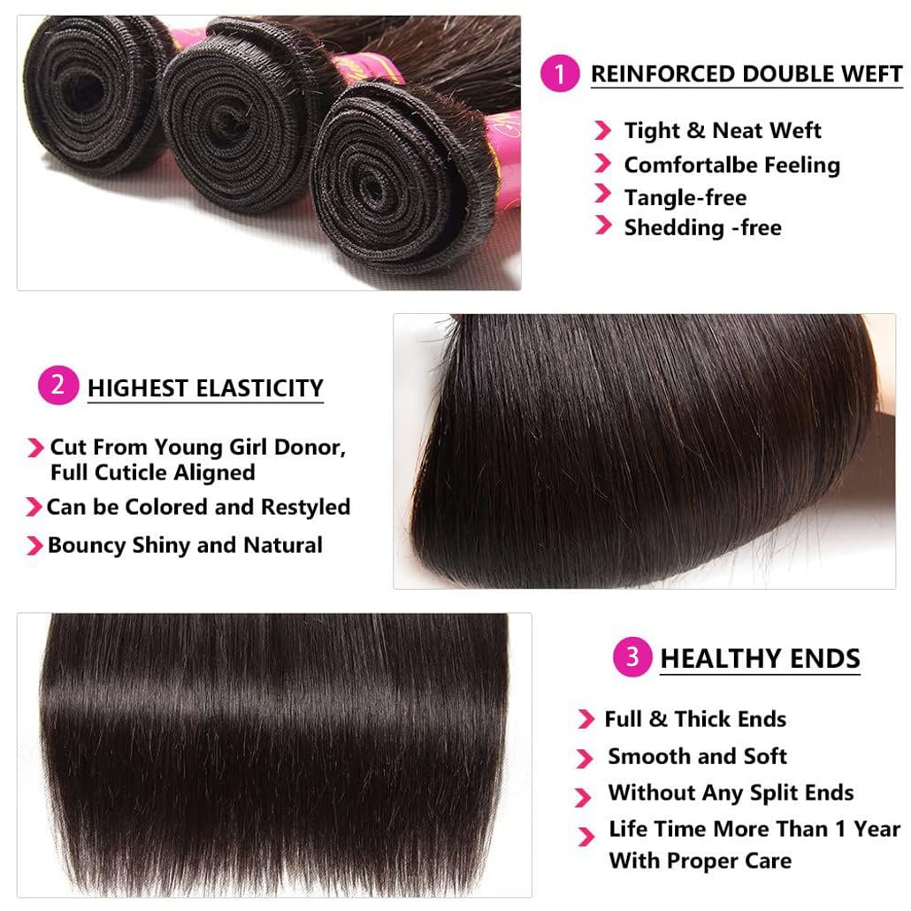 12A Straight Bundles With Closure Human Hair(14 16 18+12) Brazilian Human Hair Bundles With Closure 100% Unprocessed Virgin Quic