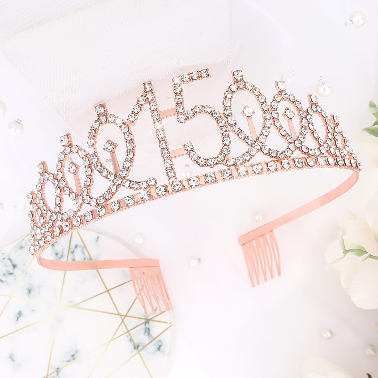 Cieher 15Th Birthday Crown + 15Th Birthday Sash + Pearl Pin Set, 15Th Birthday Gifts For Girls It'S My 15Th Birthday Decorations