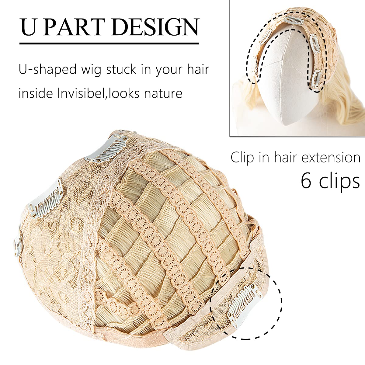 Sarla Clip In U Part Hair Extensions Full Head Long Synthetic Wave Curly Hairpiece 24 Inch For Women Platinum Blonde