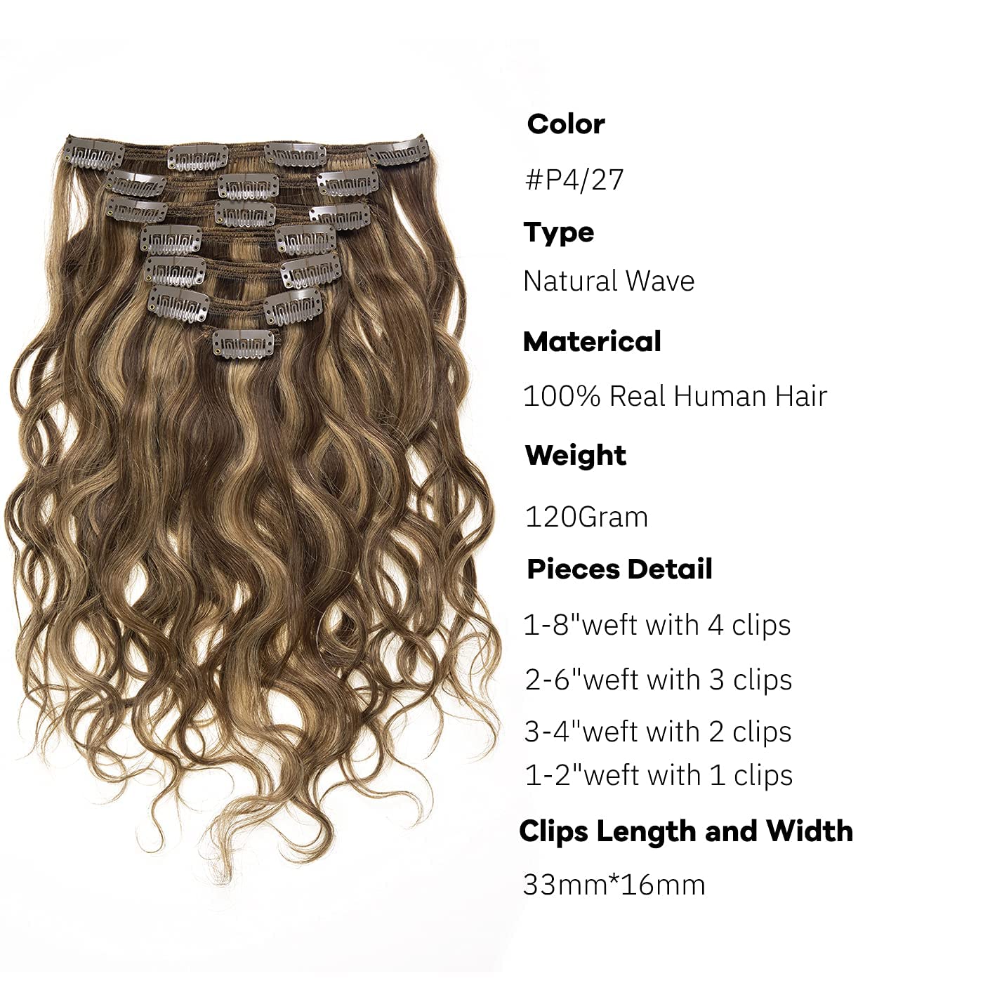 Loxxy Clip In Human Hair Extensions #27 Strawberry Blonde Natural Wave Real Human Hair Extensions For Women 22Inch Double Weft 1