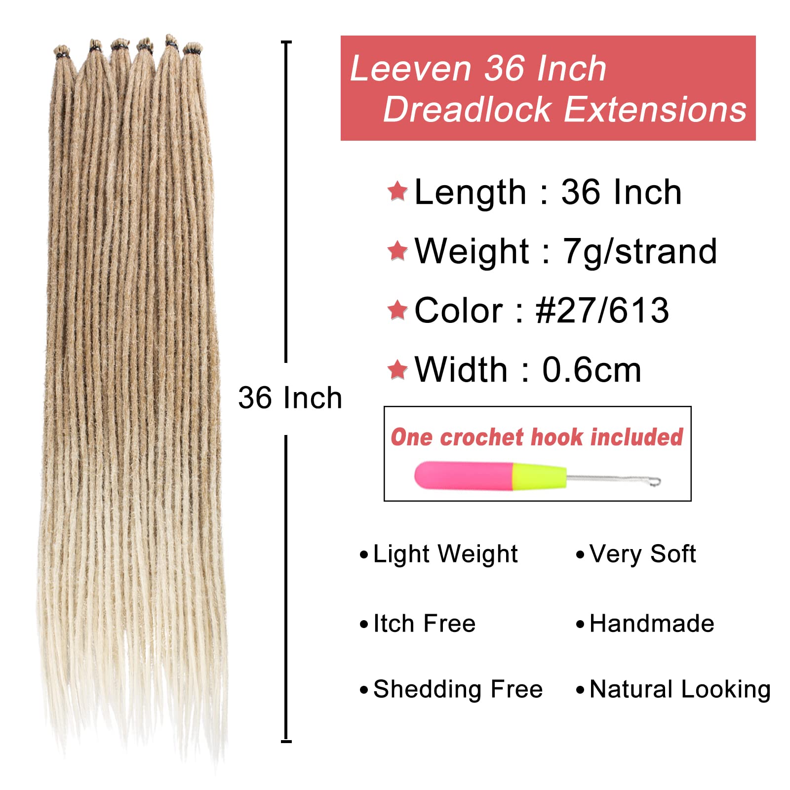 Leeven 0.6 Cm Width 20 Strands Dreadlock Extensions 36 Inch Synthetic Hippie Single Ended Dreads Ombre Blonde Loc Extensions Reg