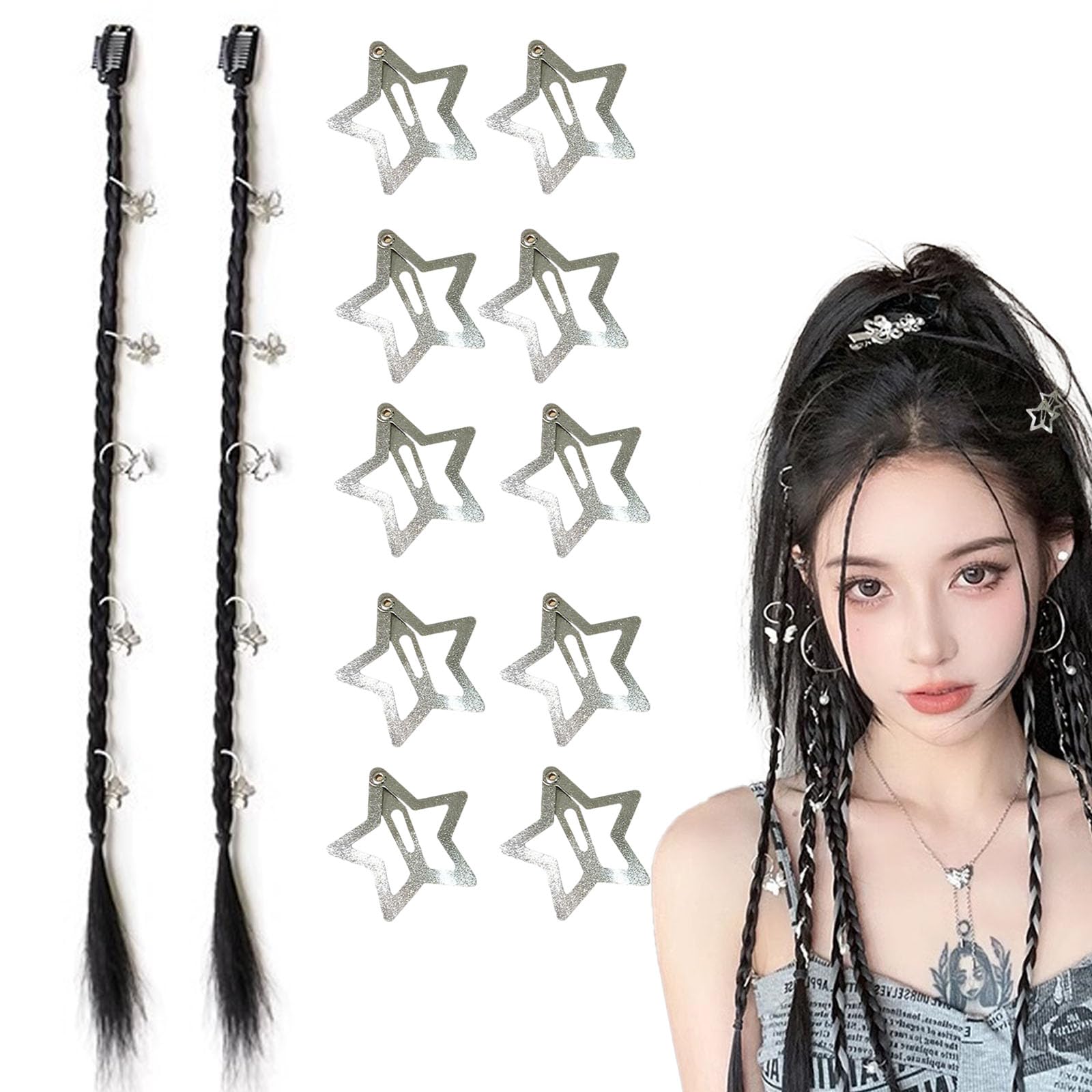12Pcs Y2K Star Clips And Braided Hair Accessories, Silver Star Hair Clips And Braid Clips, Korean Style Hair Pins For Music Fest