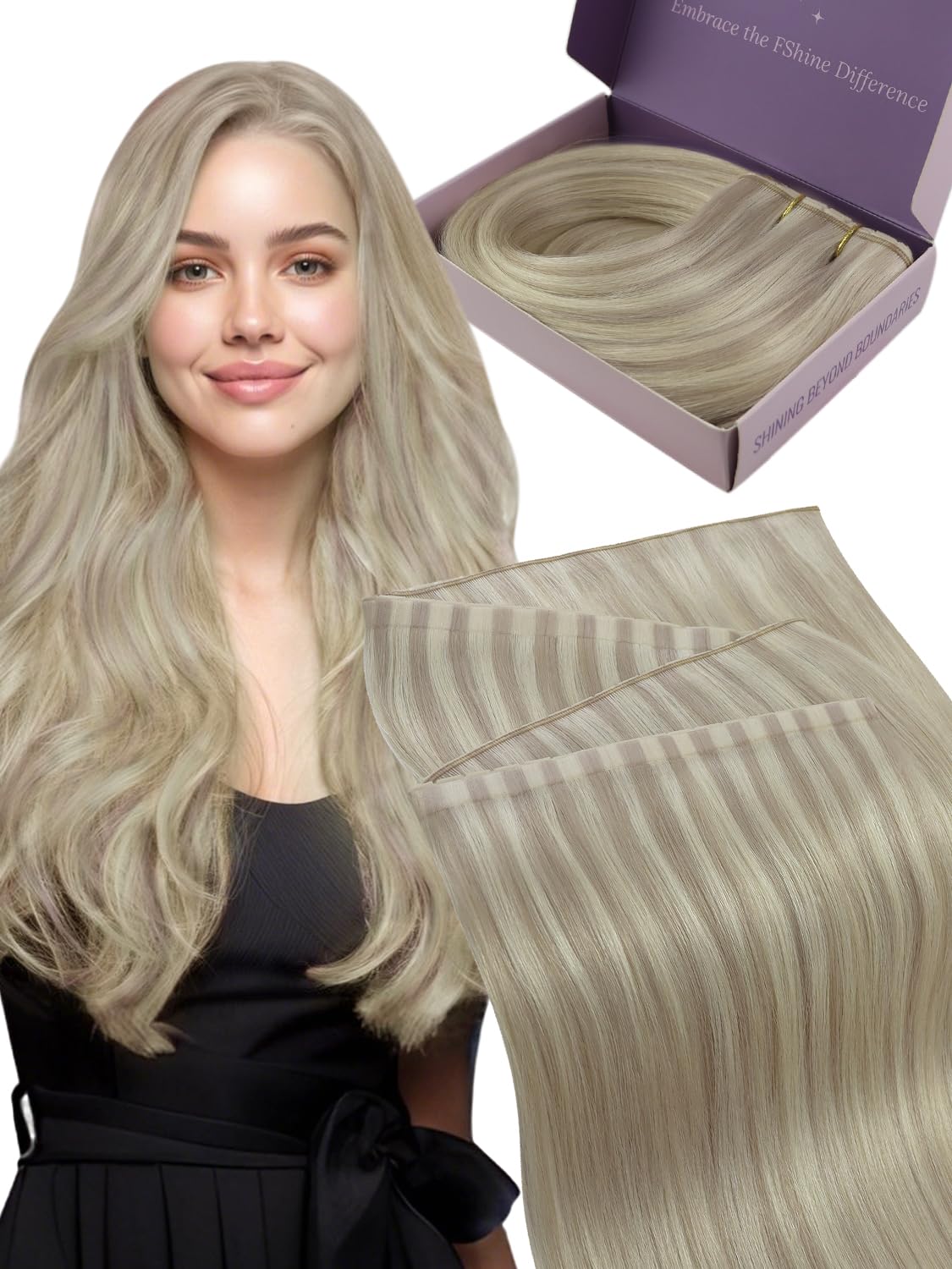 Fshine Butterfly Weft Extensions, Seamless Invisible Pu Hole Weft Hair Extensions, 20 Inch Dark Ash Blonde with Pale Blonde High