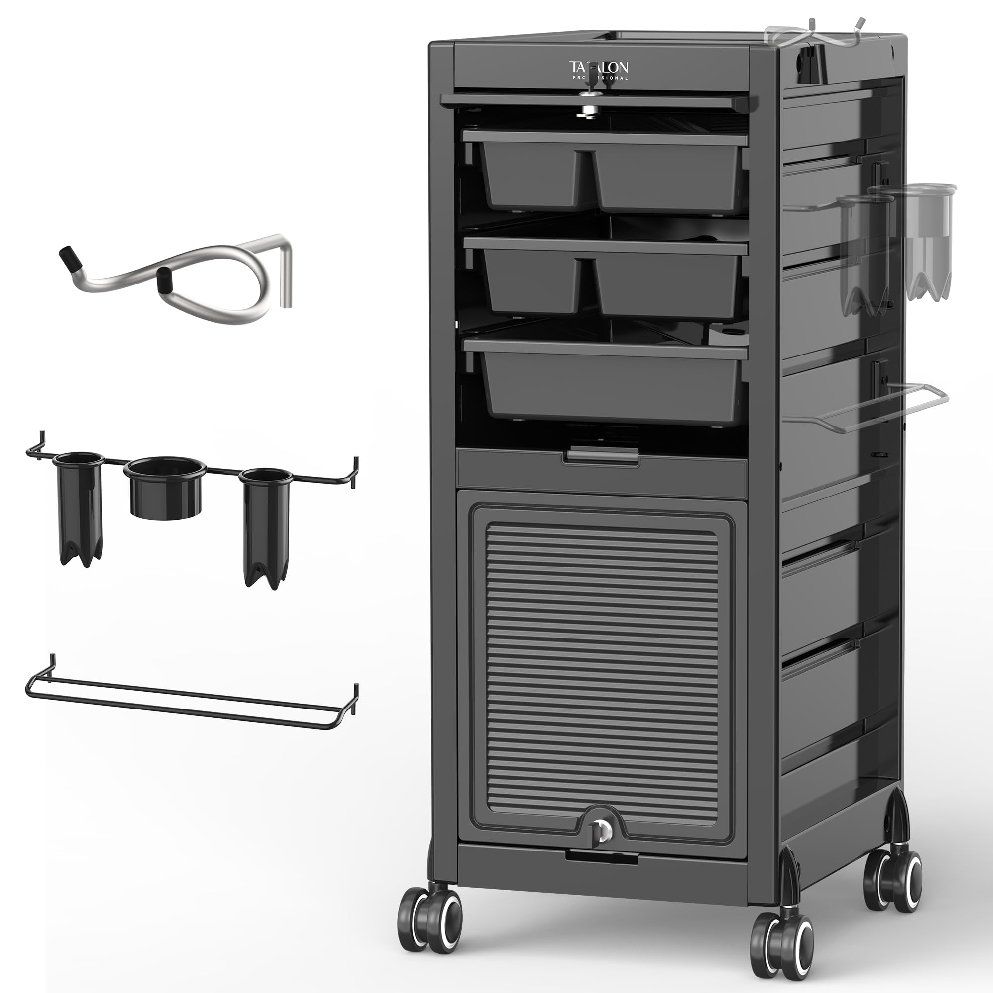 TASALON Lockable Salon Trolley, 6Drawer Rolling Beauty Cart with Tool Holders, Mobile Hair Stylist Station with Locking Doors &