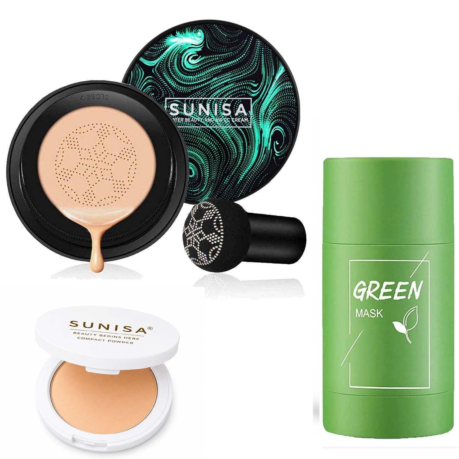 Sunisa 1 Bb And Cc Cream Full Coverage Natural Foundation For All Skin Type With Mushroom Head Air Cushion 20G And 1 Studio Fix 