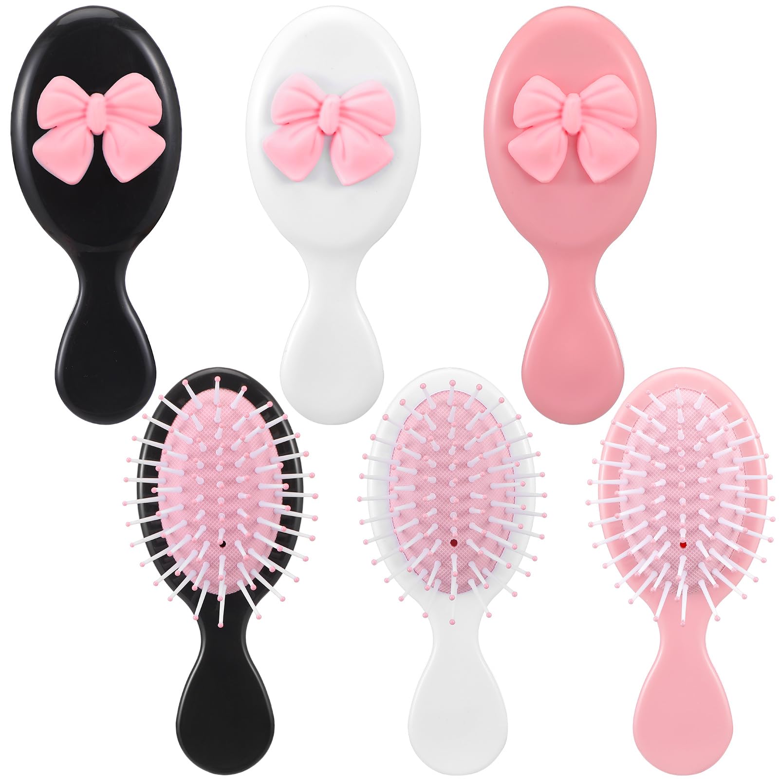 Meanplan 6 Pcs Mini Hair Brush with Bow Travel Detangling Brush Bulk Pink Coquette Small Hairbrush for Dry and Wet Hair Women