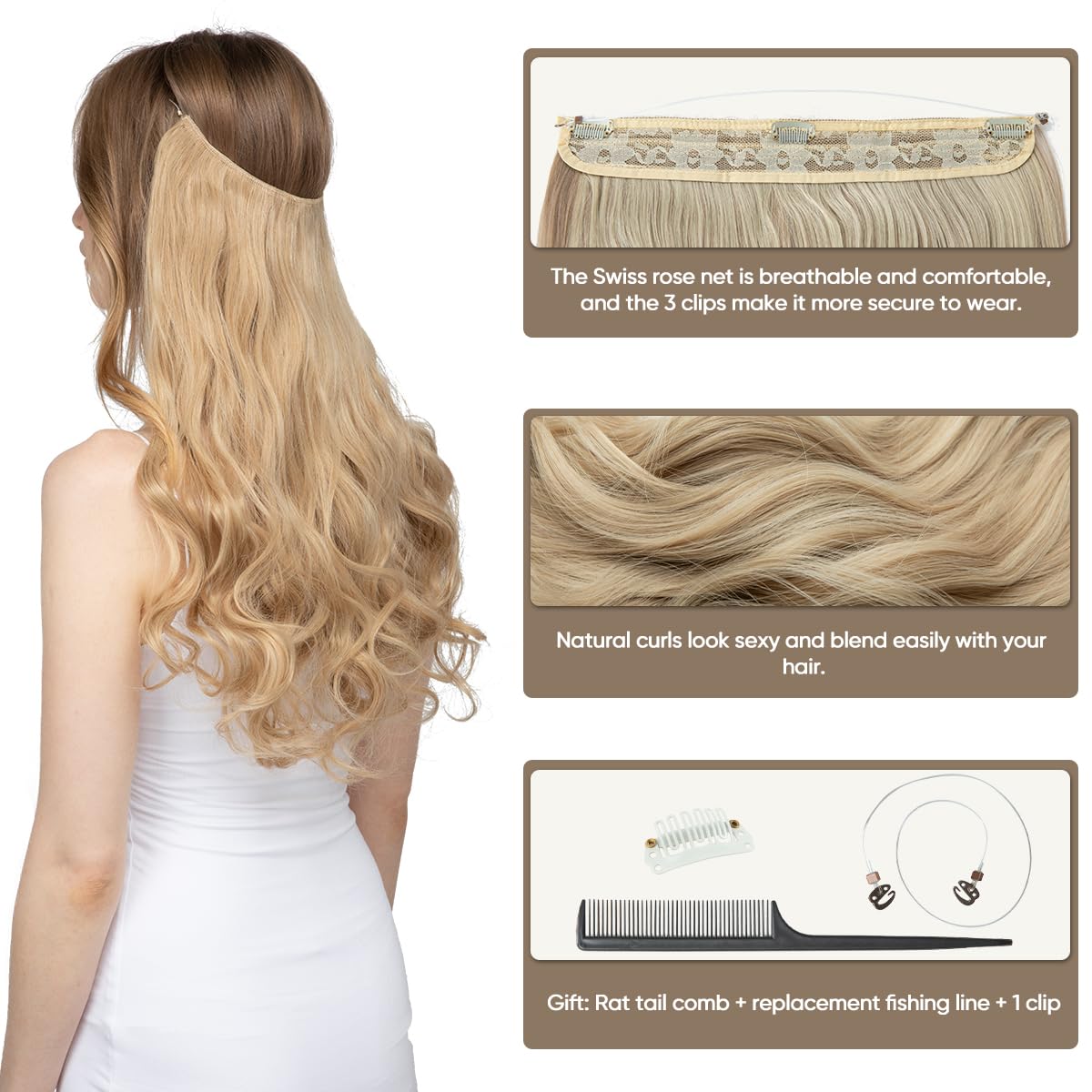 Sarla Invisible Wire Hair Extensions Long Wavy Curly Synthetic Hairpiece With 3 Clips For Women Adjustable Transparent Headband