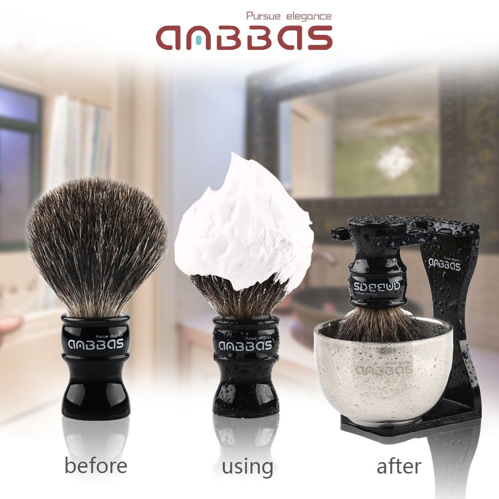 Shaving Set, 4In1 Anbbas Pure Black Badger Shaving Brush With Long Resin Handle And Acrylic Thicken Shaving Stand,Soap Bowl Stai