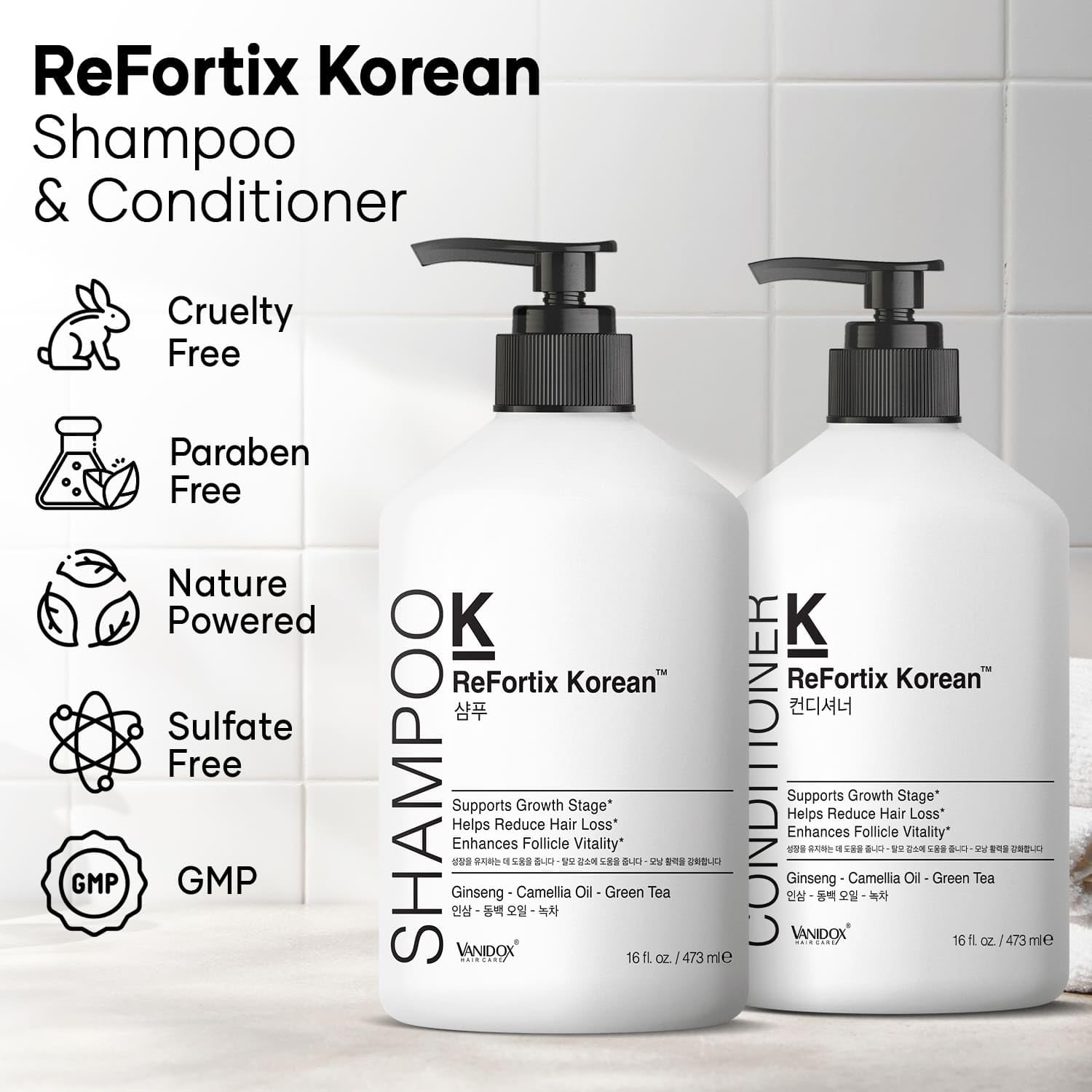 VANIDOX ReFortix Shampoo & Conditioner Set, Ginseng & Green Tea, 16 fl oz each, White, Supports Hair Growth & Reduces Hair Loss