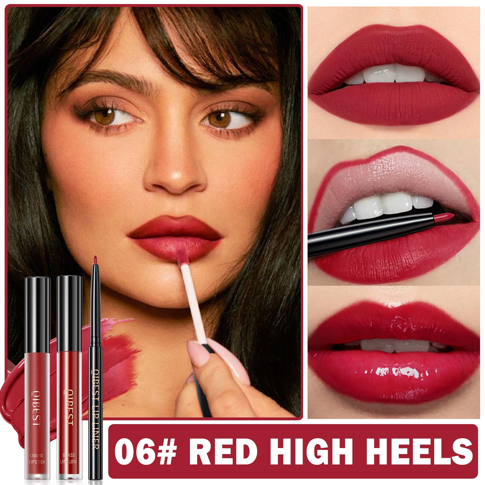 Qiufsse 3 In 1 Red Lip Liner And Lip Gloss Lipstick Set For Women Waterproof Lip Liner And Lipstick Combo Long-Lasting Smudge Pr