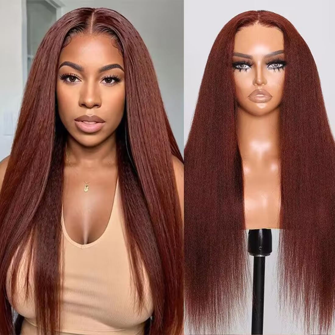 UNICE Bye Bye Knots Glueless Wig Reddish Brown Yaki Straight 7x5 Pre Cut Lace Glueless Wigs Human Hair Pre Plucked Pre Bleached 