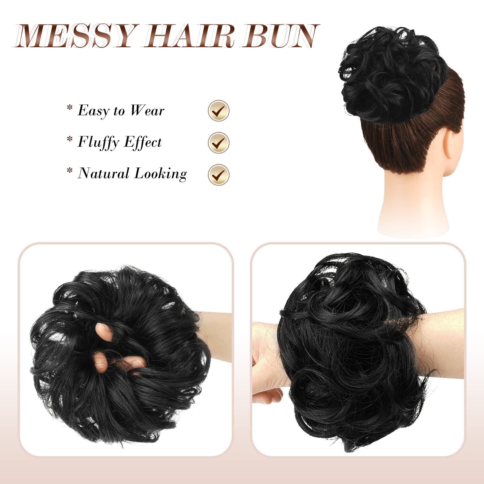 Feshfen Messy Bun Hair Piece Hair Bun Scrunchies Off Black Synthetic Black Wavy Chignon Ponytail Hair Extensions Thick Updo Hair