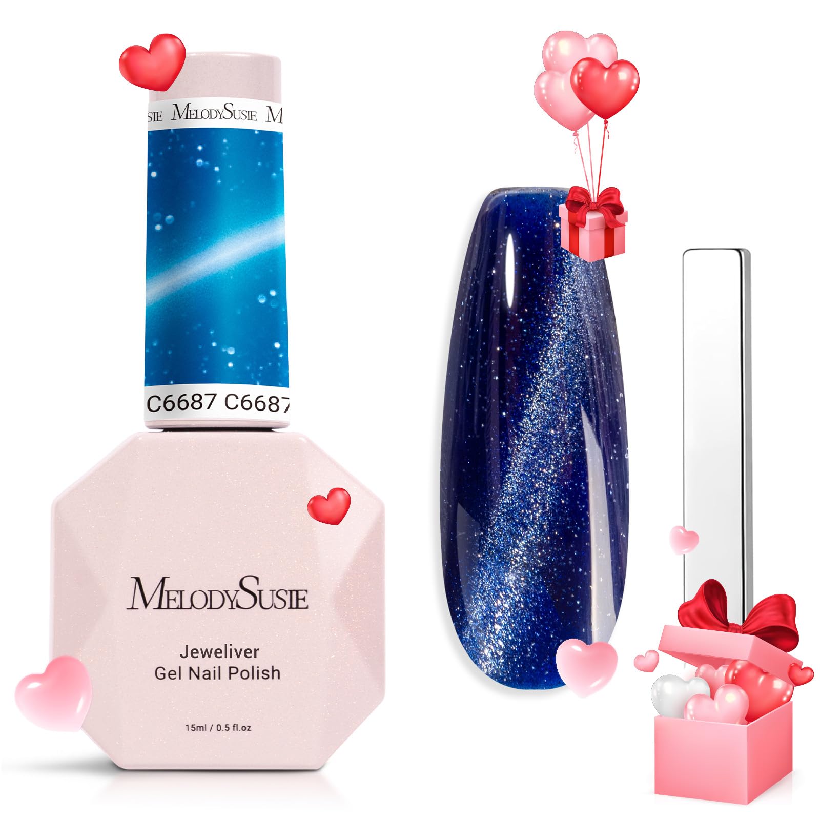 Melodysusie Jeweliver Cat Eye Gel Nail Polish, 0.5 Fl Oz Blue Glitter Holographic Magnetic Nail Polish With Magnet, Uv Nail Poli