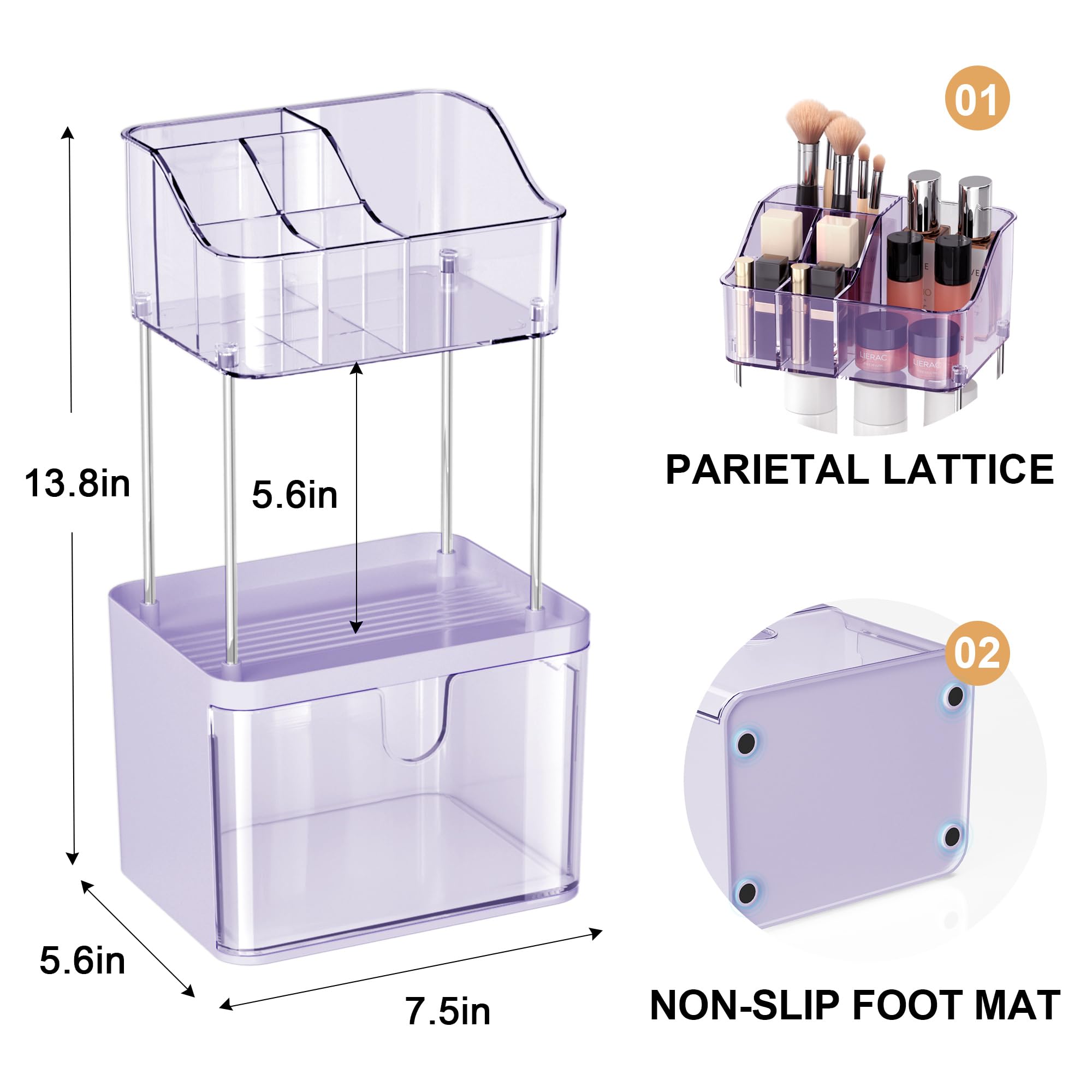 Doadw Makeup Organizer With Drawer - 3 Tier Bathroom Organizer Countertop - Multi-Purpose Skin Care Organizer For Vanity, Small