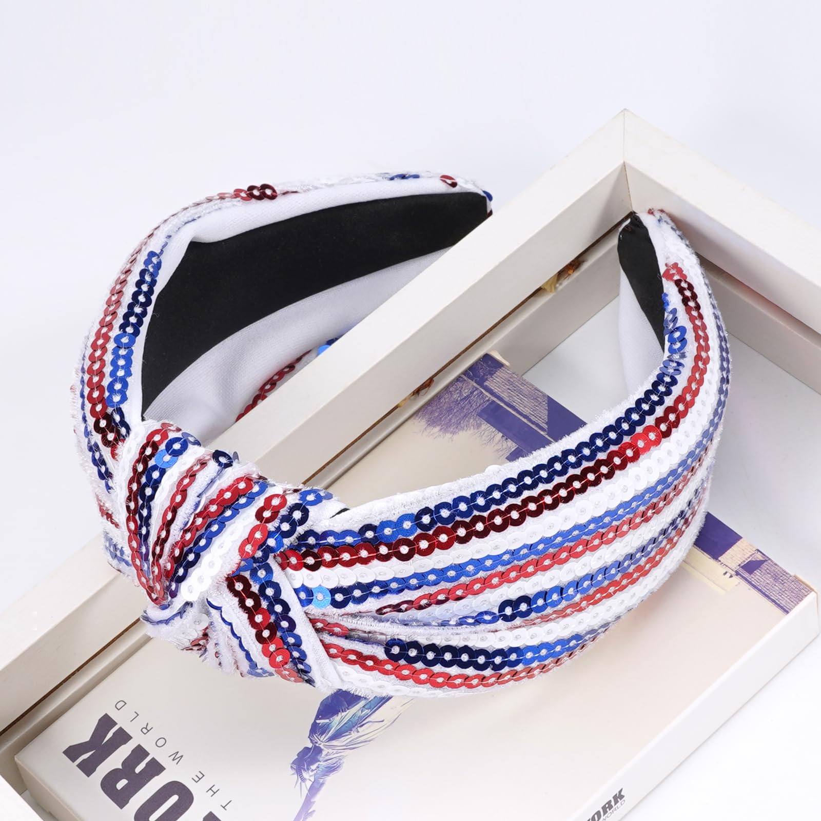 Ardorchid 4th of July Headbands for Women Girls American Flag USA Independence Day Knotted Wide Headband Red White and Blue Sequ
