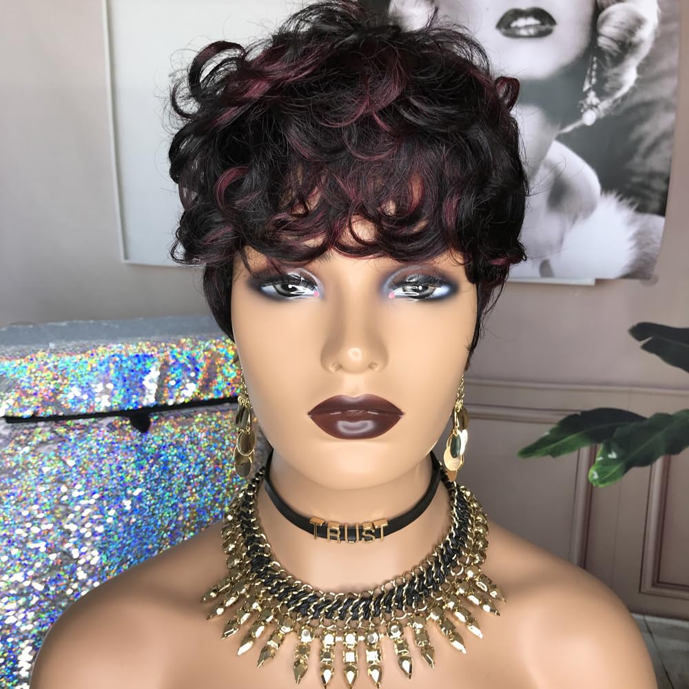Hotkis Human Hair Short Curly Wigs For Black Women Pixie Cut Wig Human Hair Burgundy Short Wigs Human Hair Short Curly Human Hai