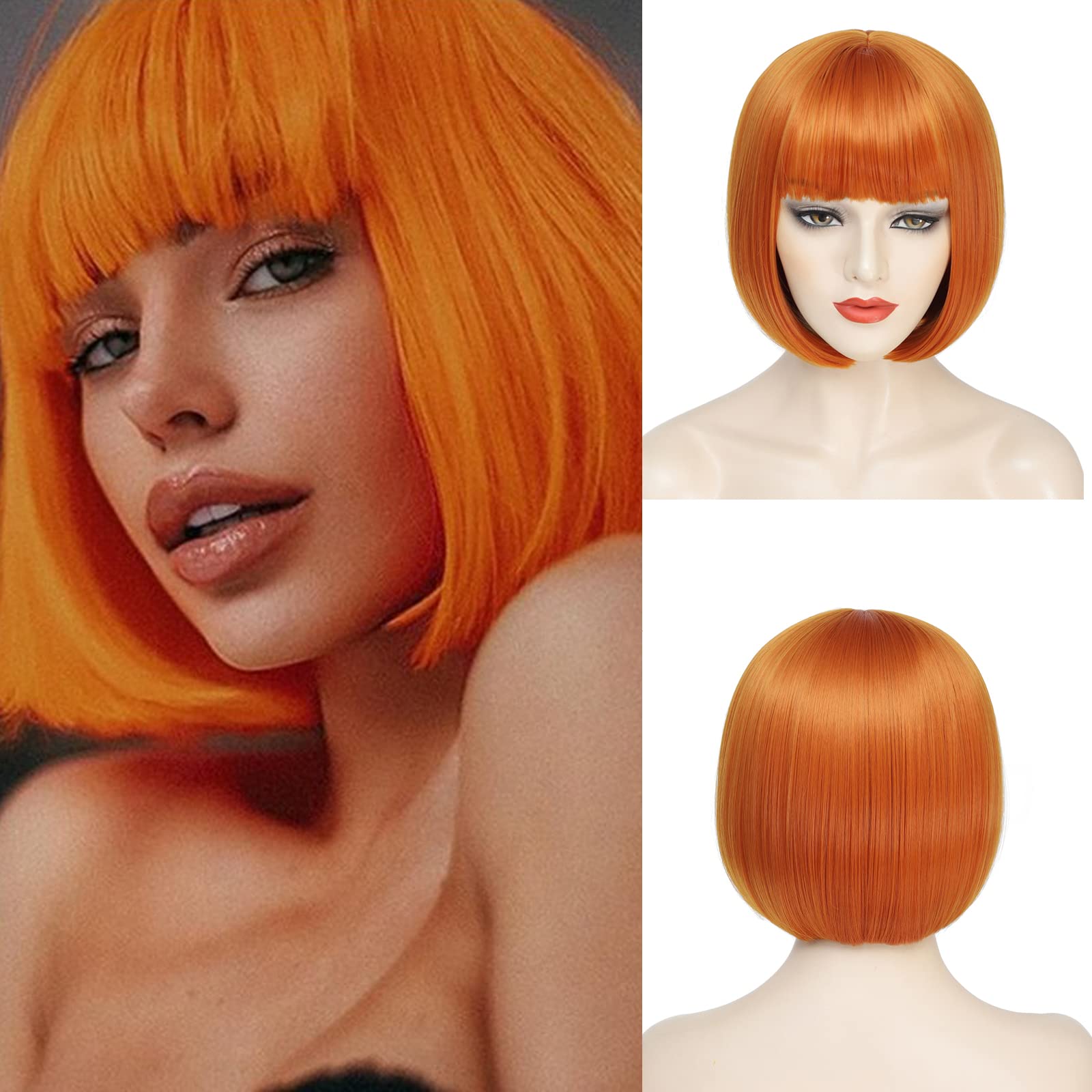 YBYMCAI Orange Bob Wig For Women Short Ginger Bob Wig With Bangs Straight Bob Bangs Wig 10 Inch Heat Resistant Synthetic Hair Na