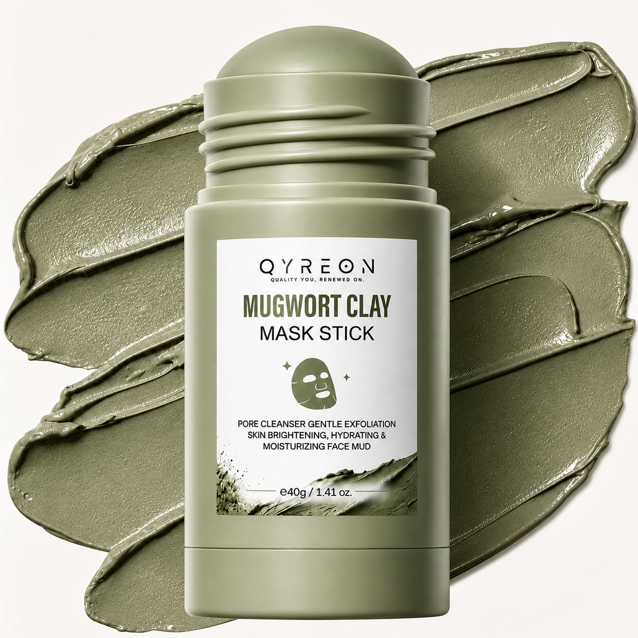QYREON Mugwort Clay Mask Stick for Sensitive Skin  Soothing Mud Mask, Gentle Exfoliating Blackhead Pore Cleansing Twist Up Wash