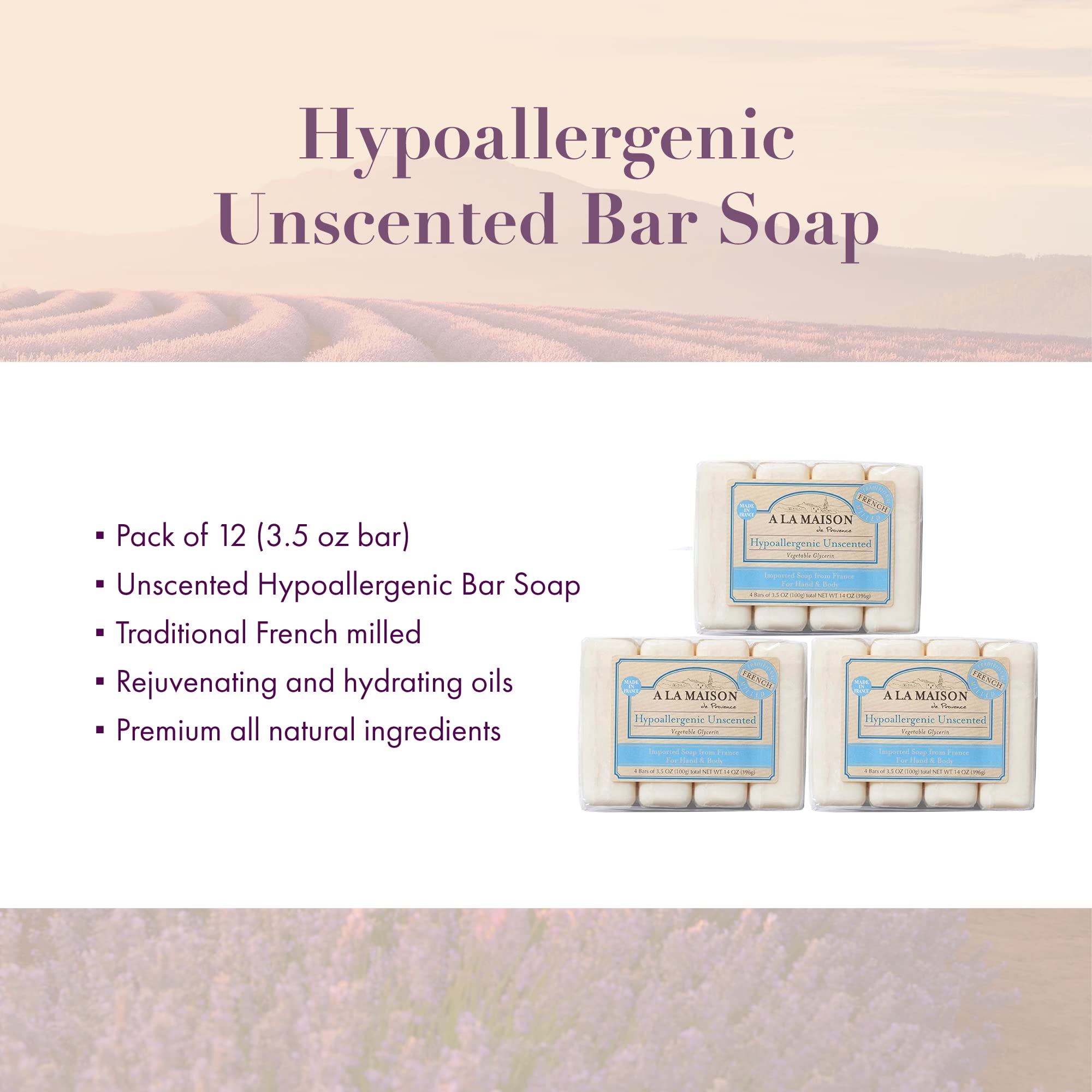 A La Maison Hypoallergenic Unscented Bar Soap - Triple French Milled Natural Moisturizing Hand Soap Bar (12 Bars Of Soap, 3.5 Oz