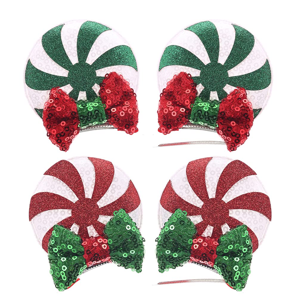 JIAHANG Christmas Mouse Ear Clips with Glittering Sequin Bow 2 Pairs, Lollipop Girls' Hair Barrettes Hair Accessories for Theme 