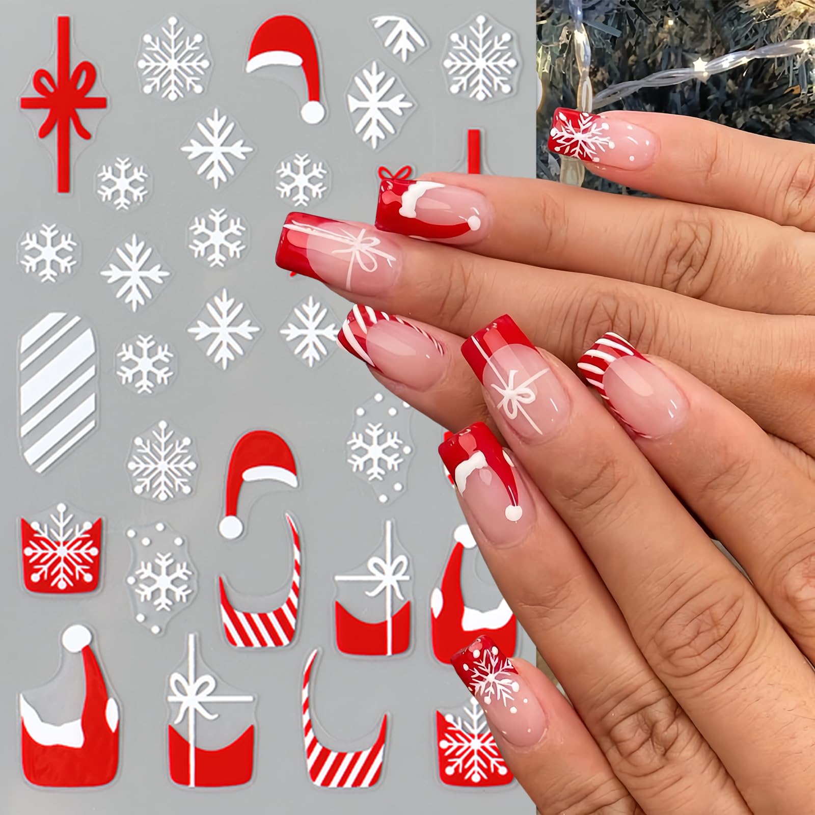 SHUXILIN Christmas Nail Stickers, 6 Sheets Red French Glitter & Snowflake Design, Holiday Nail Art Decals for Women