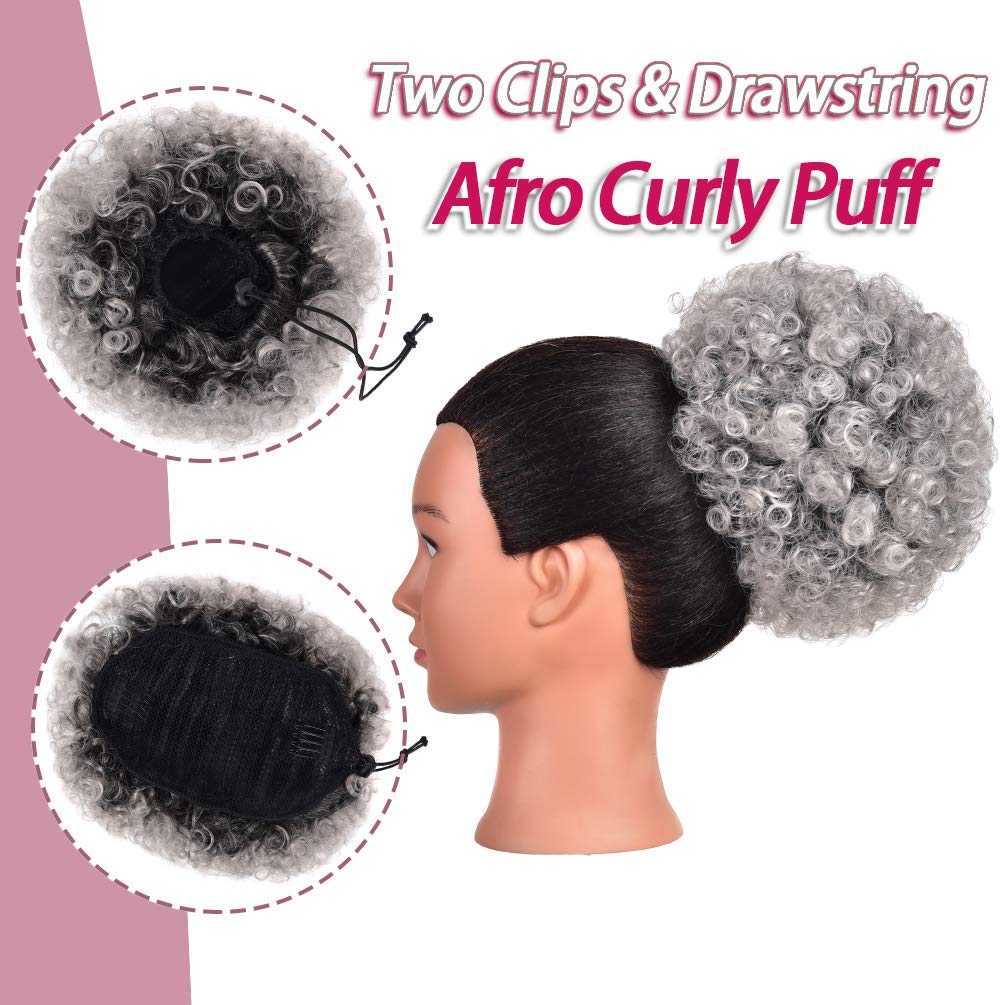 rosmile Afro Puff Drawstring Ponytail Extension, Ombre Gray #1BT0906, 7"-8" Diameter, Synthetic Clip-On Curly Bun for Black Women