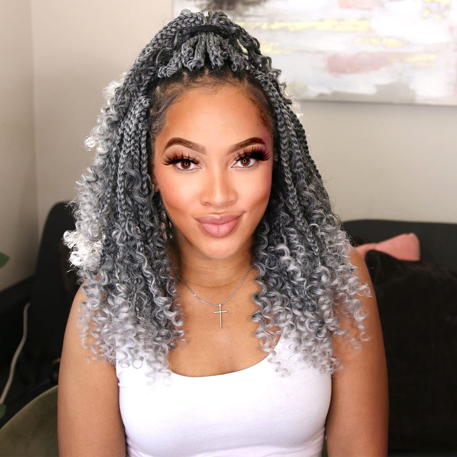 Goddess Box Braids Crochet Hair 14 Inch 8 Packs Pre-looped Bohomian Crochet Box Braids Curly Ends 3X Gray Crochet Braids for Wom