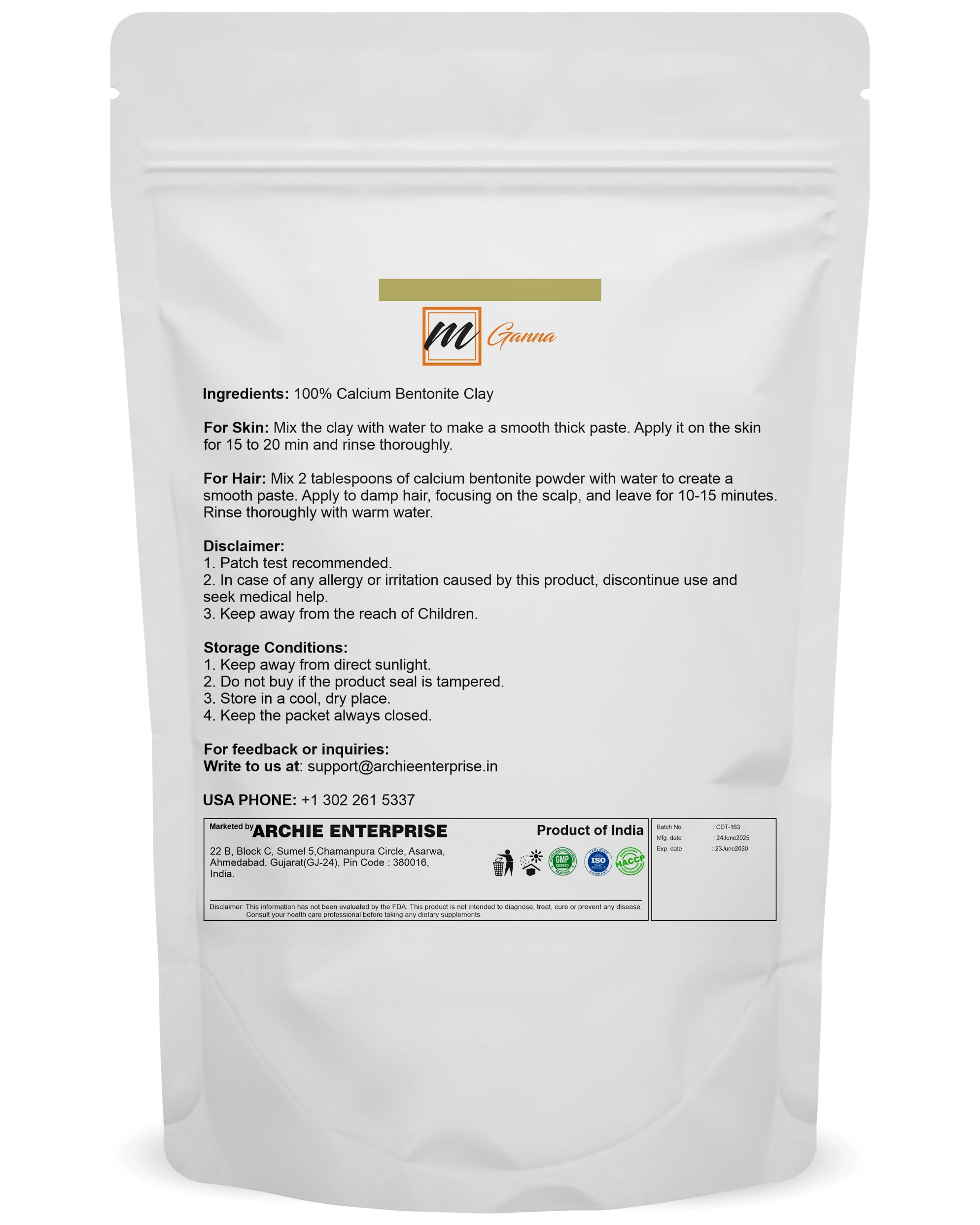 mGanna 100% Natural Calcium Bentonite Clay Powder for Facial Masks, Creams, Body Wraps and Soap Making 0.5 LBS / 227 GMS
