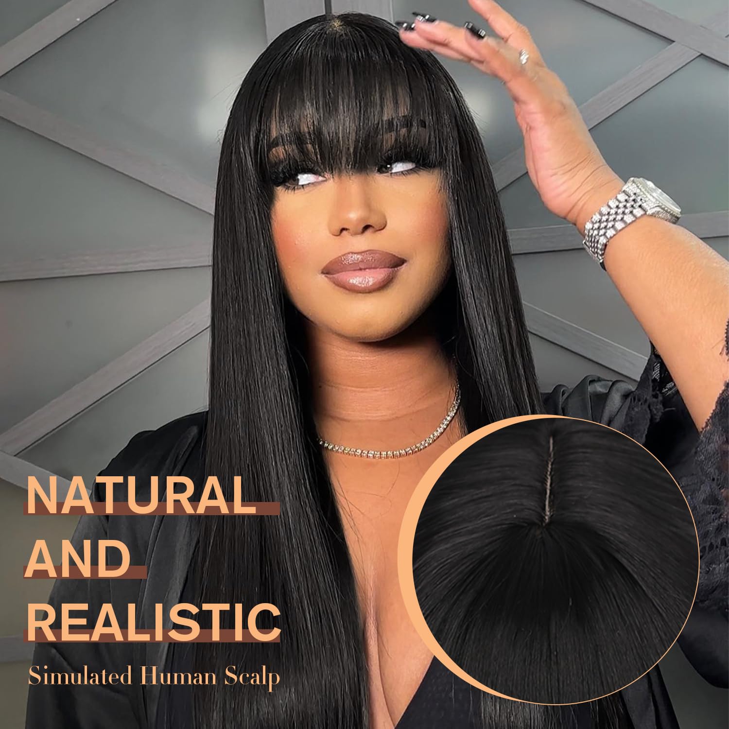 Wiger Long Black Wigs With Bangs Straight Black Hair Dye Wig For Women Long Bangs Wig Full Black Cosplay Wig For Girls Synthetic