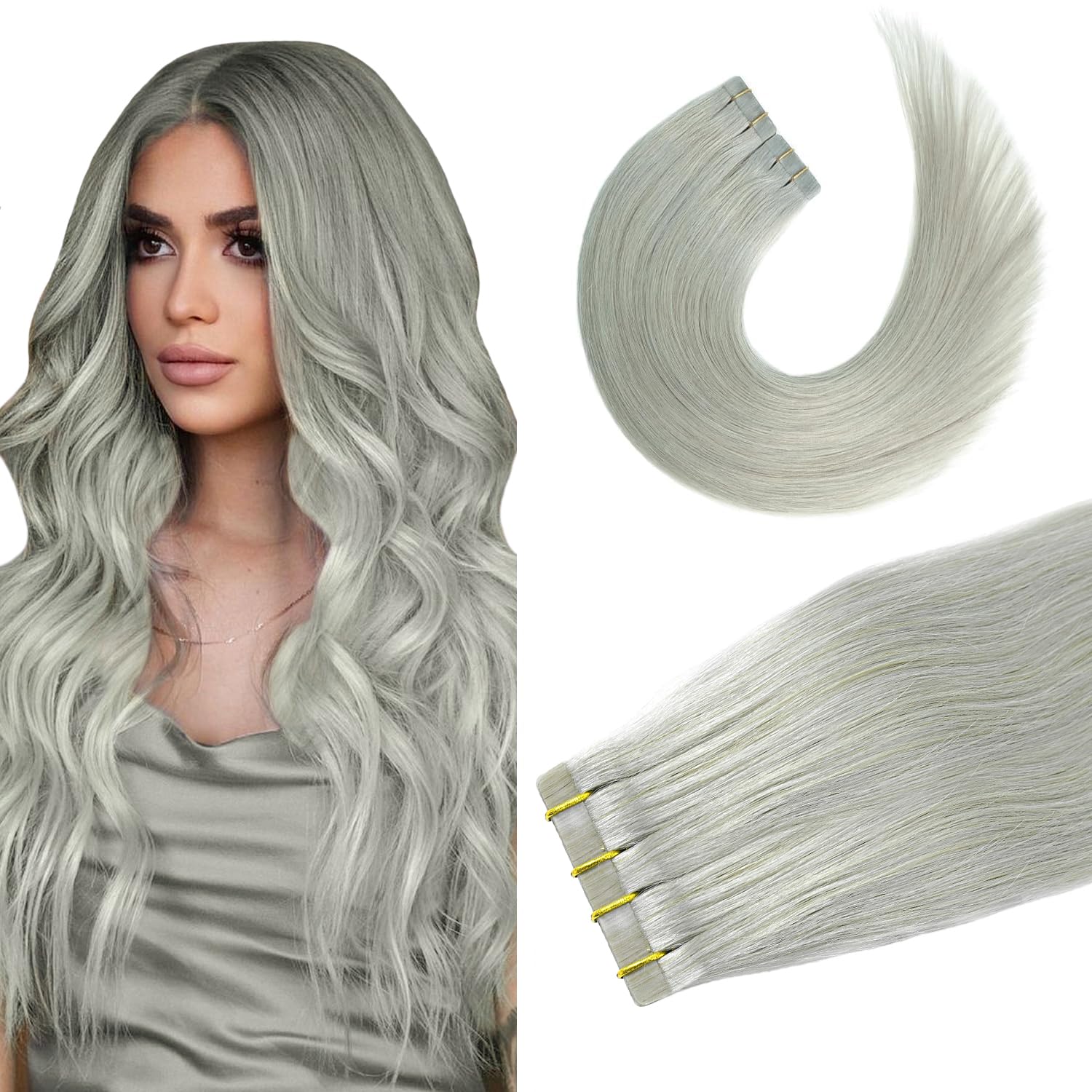 Tape In Hair Extensions Silver Gray 100% Remy Human Hair Extensions Silky Straight For Fashion Women 20 Pcs/Package(20Inch #Sliv